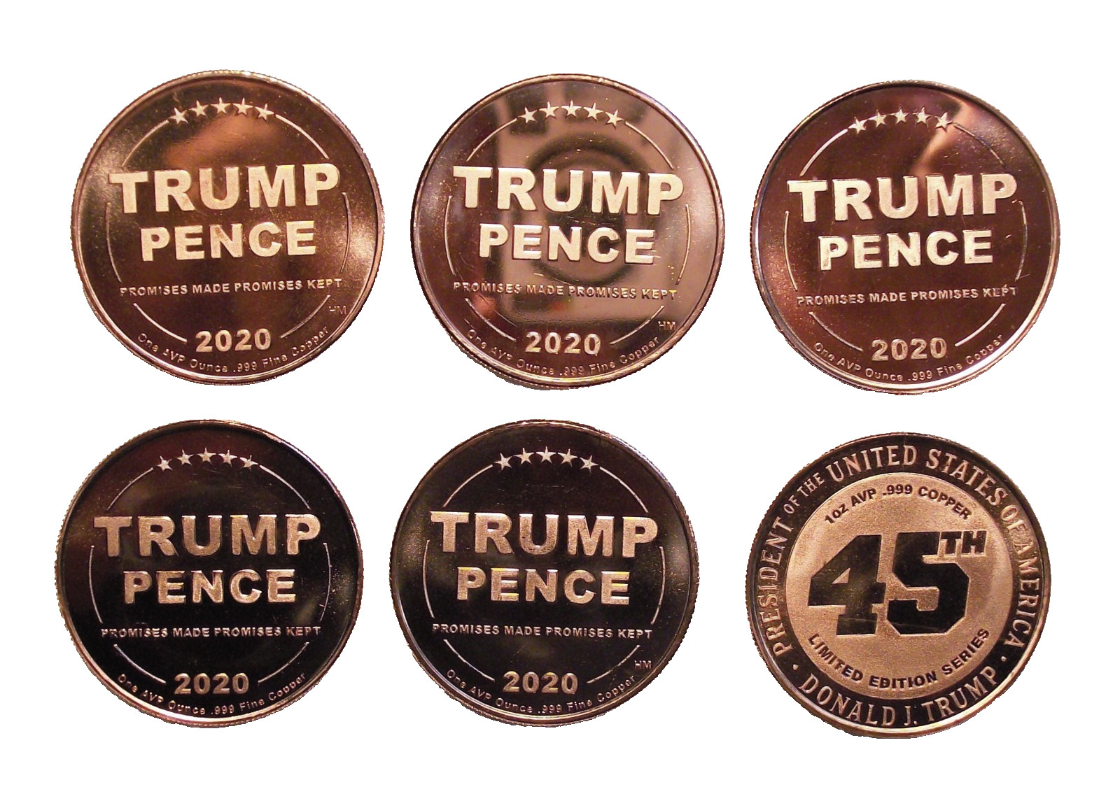 Lot of Six – 2020 Donald J. Trump & Pence Copper Rounds