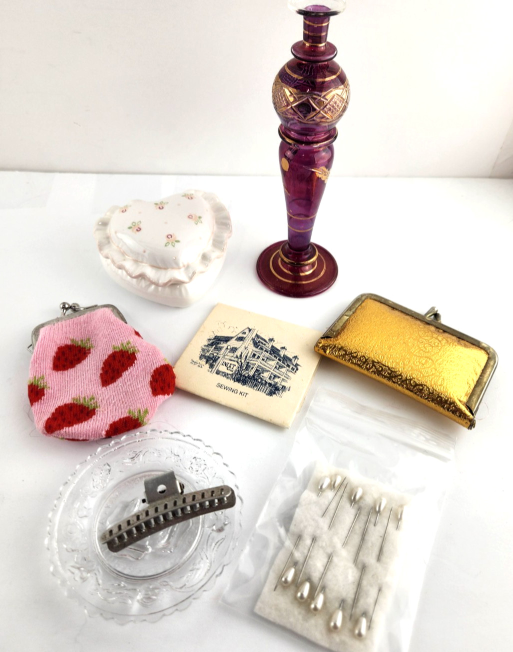 Vtg Junk Drawer Lot Coin Purse Sew Kit Trinket Box Dish Vase Hat Pin Hair Clip