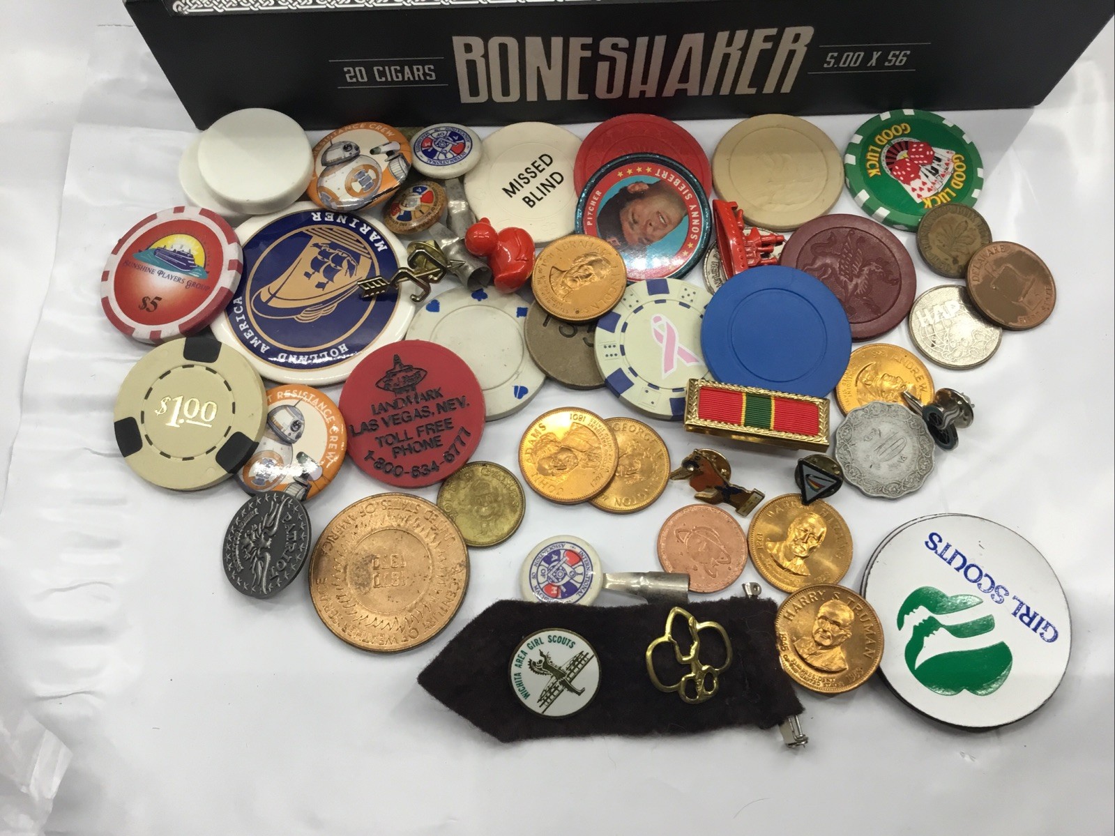 Grandpa’s Estate Junk Drawer Lot Collectibles Vintage Coins Poker Chips Buttons