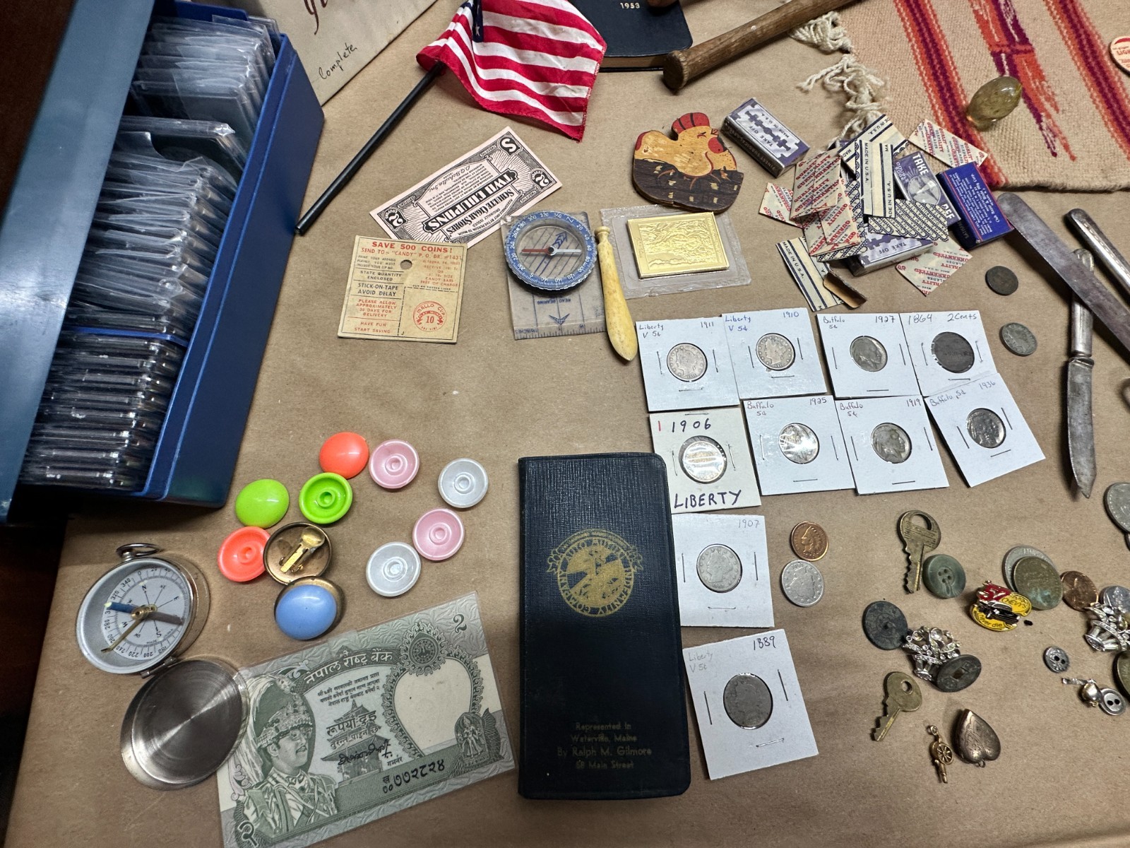Junk Drawer Lot #5 – Random Antique Vintage Smalls – Coins Cards Jewelry Money