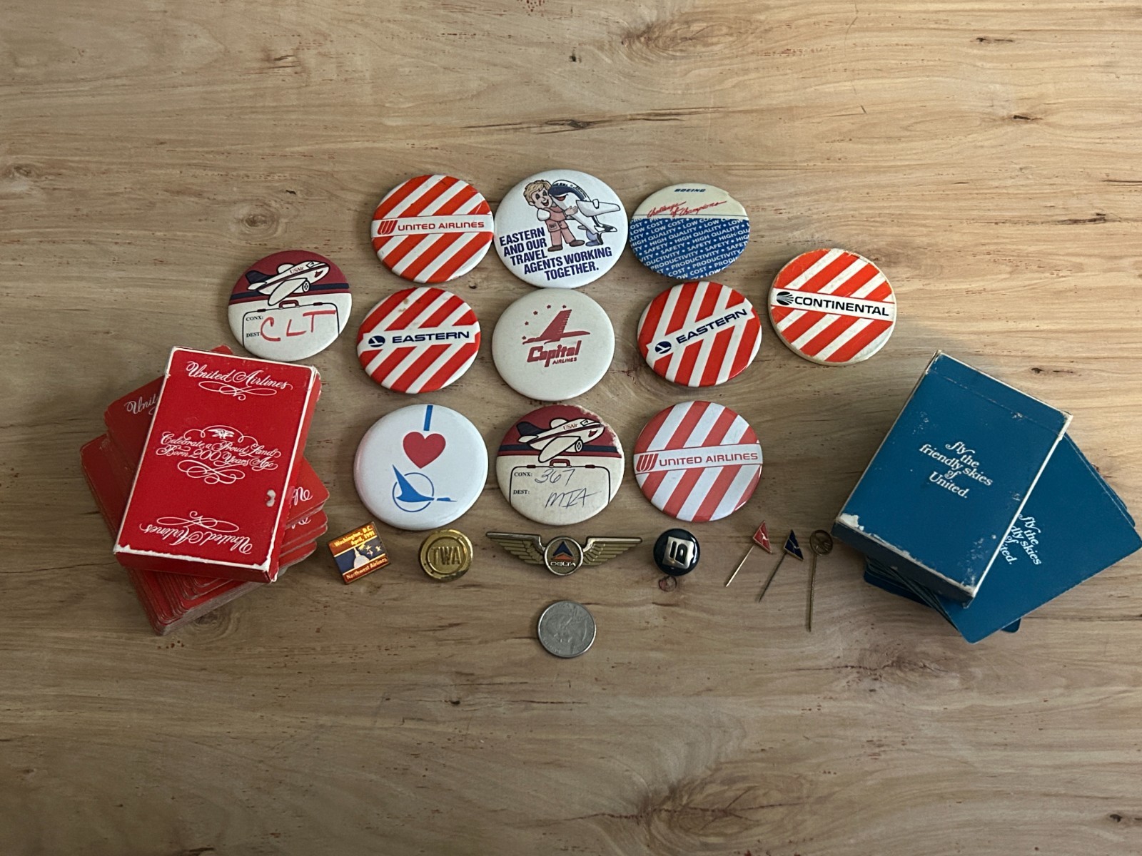 Airlines Vintage Junk Drawer Lot 21 Cards Pinback Button Lapel Stick Pin Wings