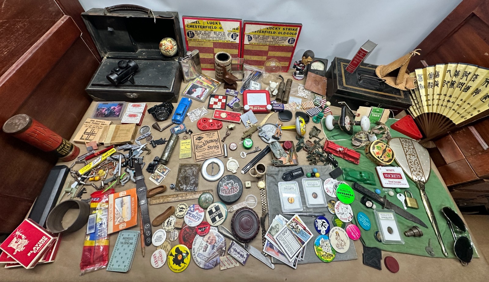 Junk Drawer Lot #4 – Random Antique Vintage Smalls – Advertising, Coins, Toys