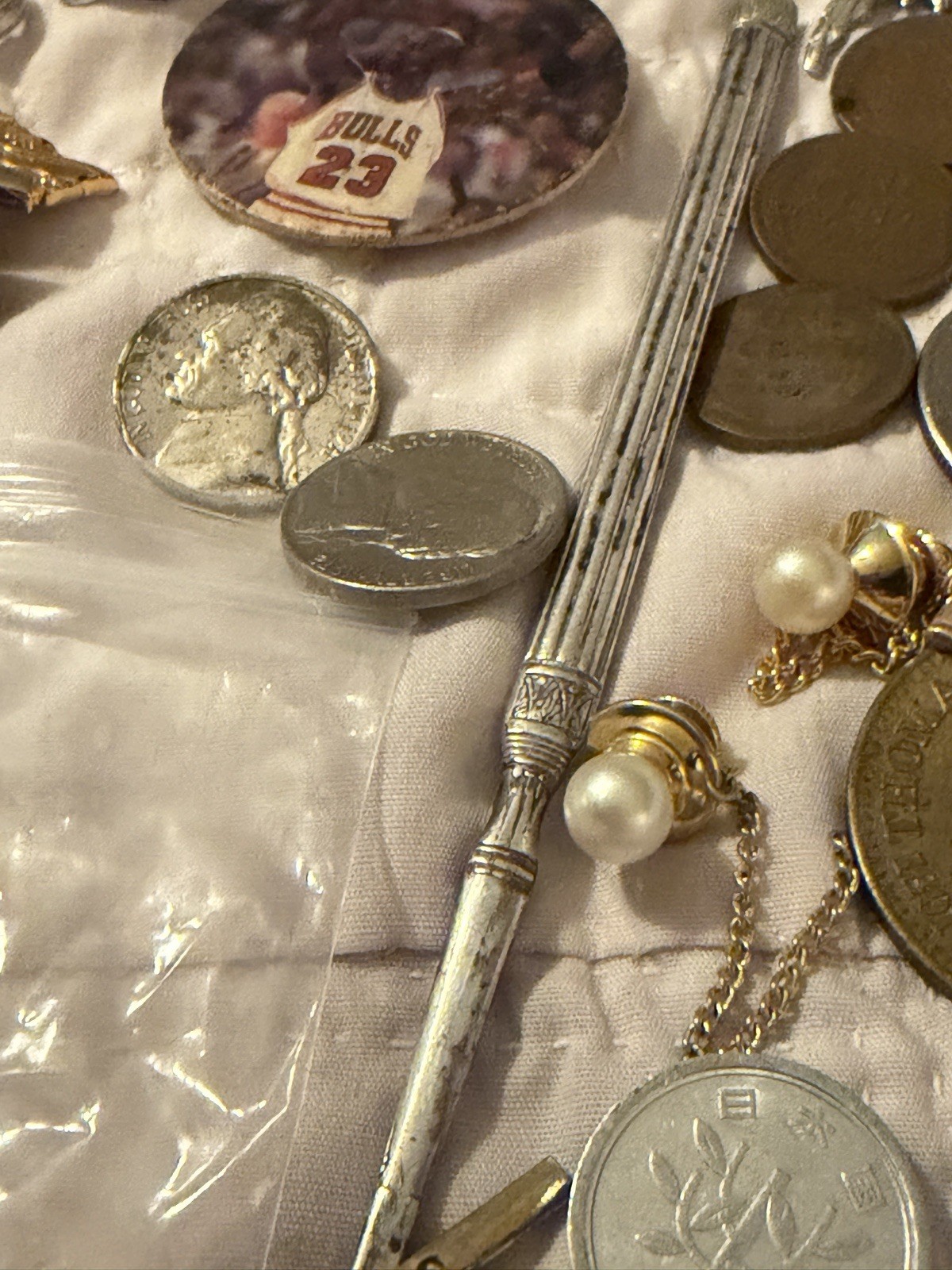 VTG Collectibles Lot: Coins, Pins, Watch, Knife, Shark teeth, junk drawer +++