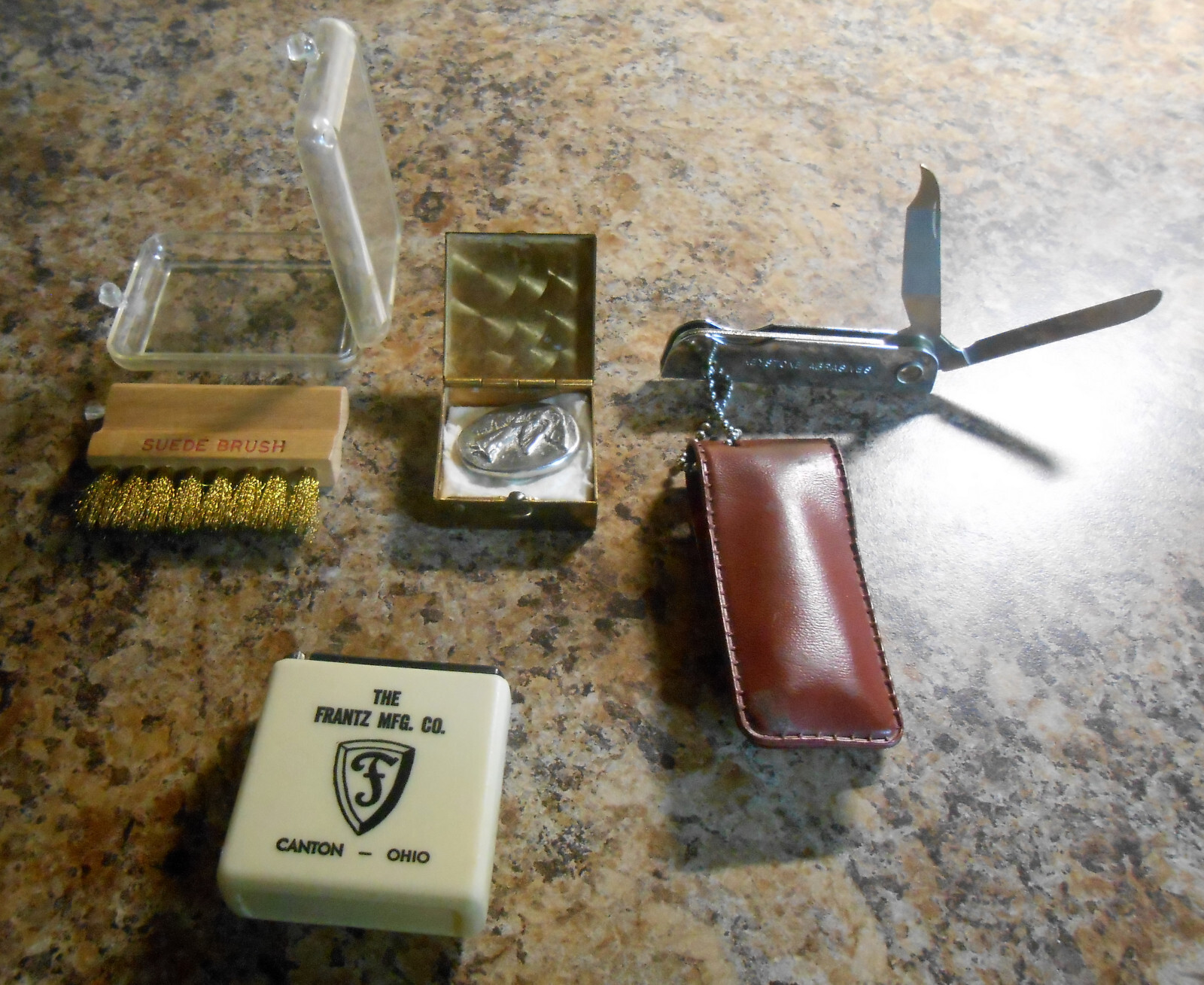 Junk Drawer Lot STANLEY TAPE SUEDE BRUSH NAIL/KNIFE SILVER MEDALLION & BOX