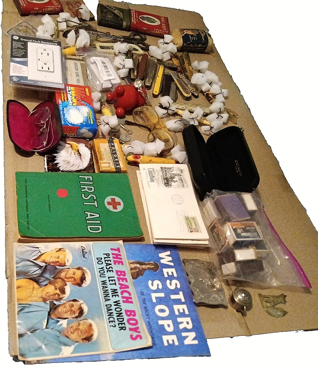 Junk Drawer Lot Vintage & Modern Lures Knives Tobacciana Ephemera Eyeglasses etc