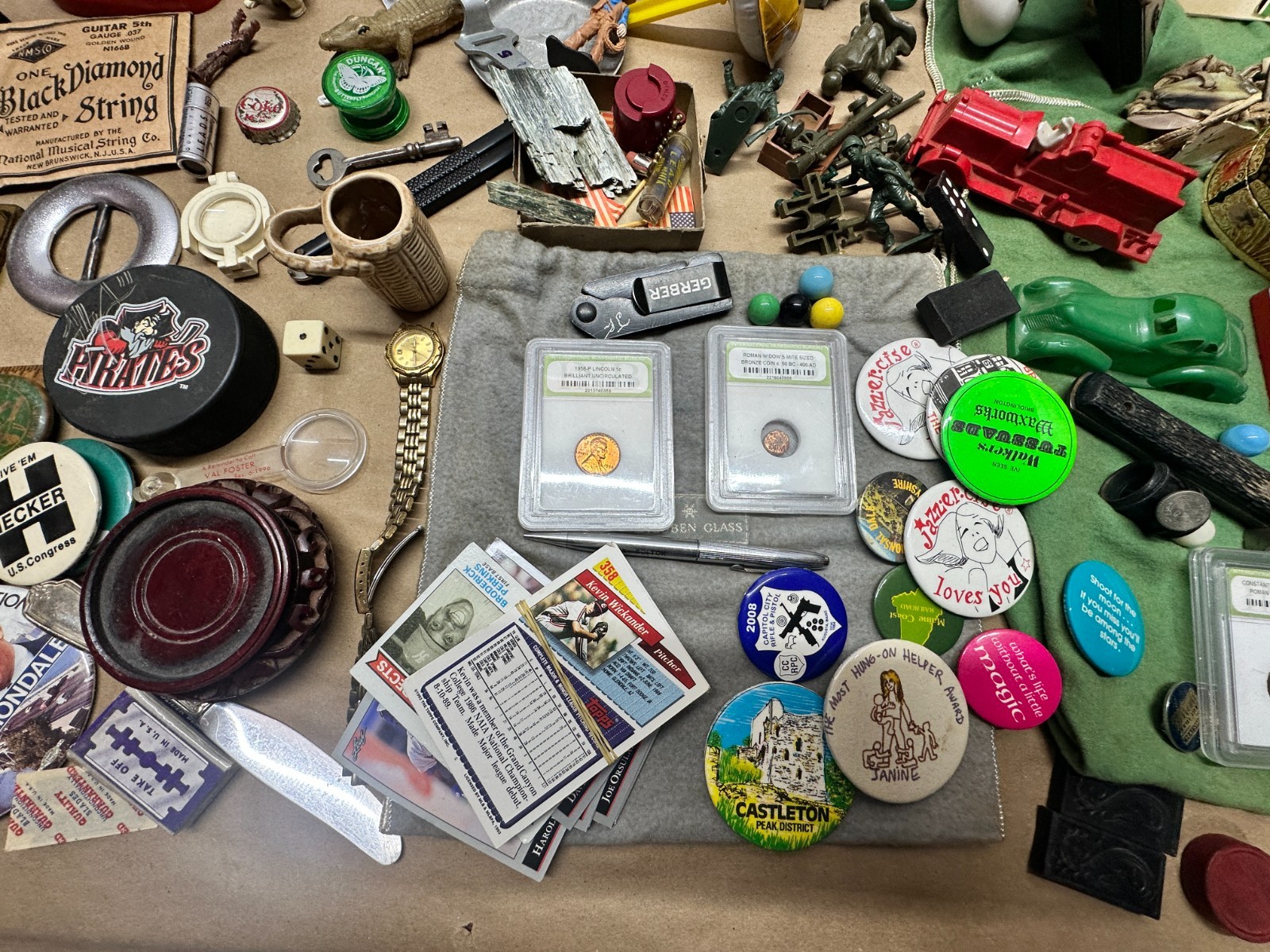 Junk Drawer Lot #4 – Random Antique Vintage Smalls – Advertising, Coins, Toys