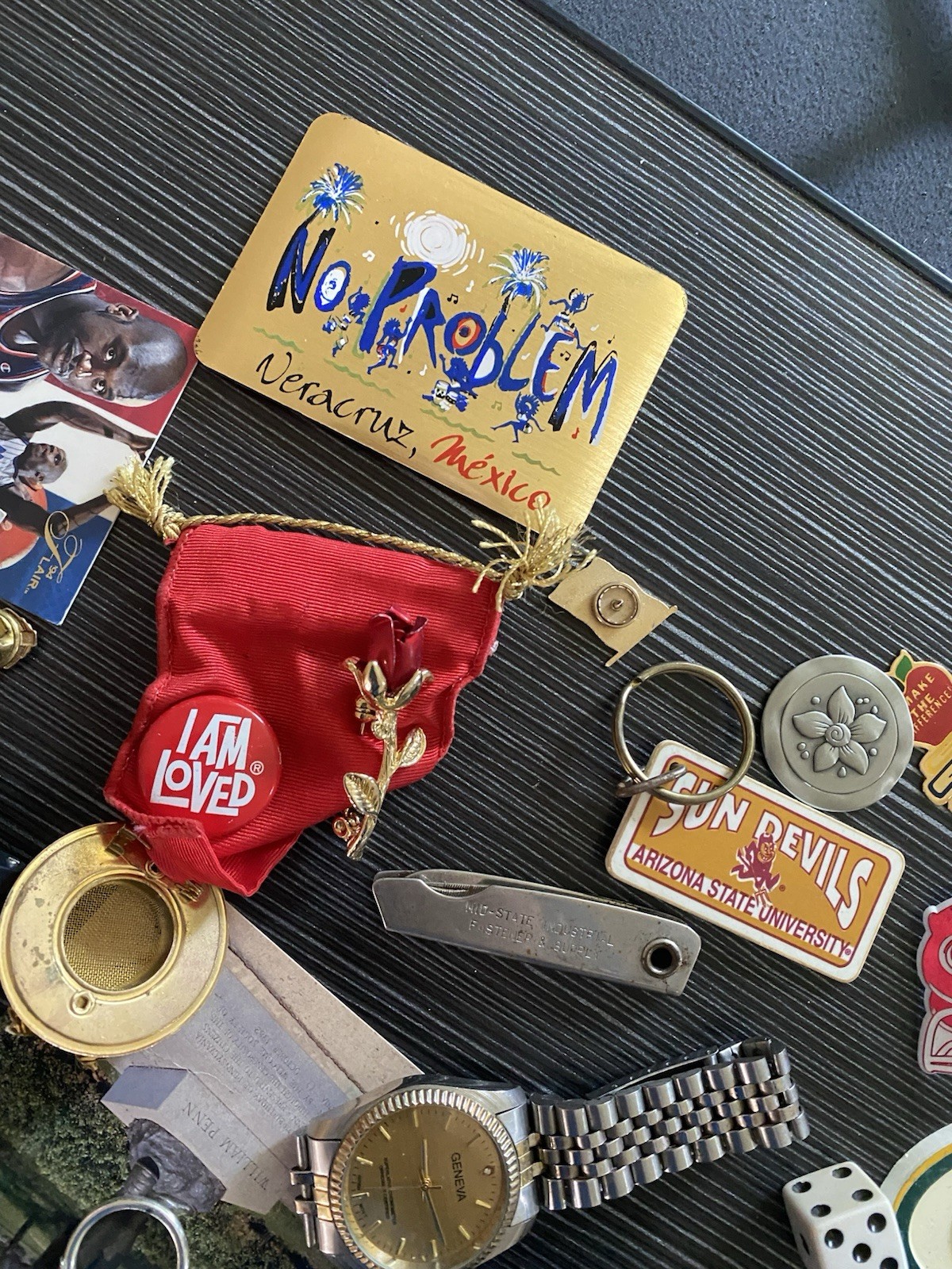 Vintage Estate JUNK DRAWER Lot Watches Lapel Pins Spoon Magnets Baseball Cards