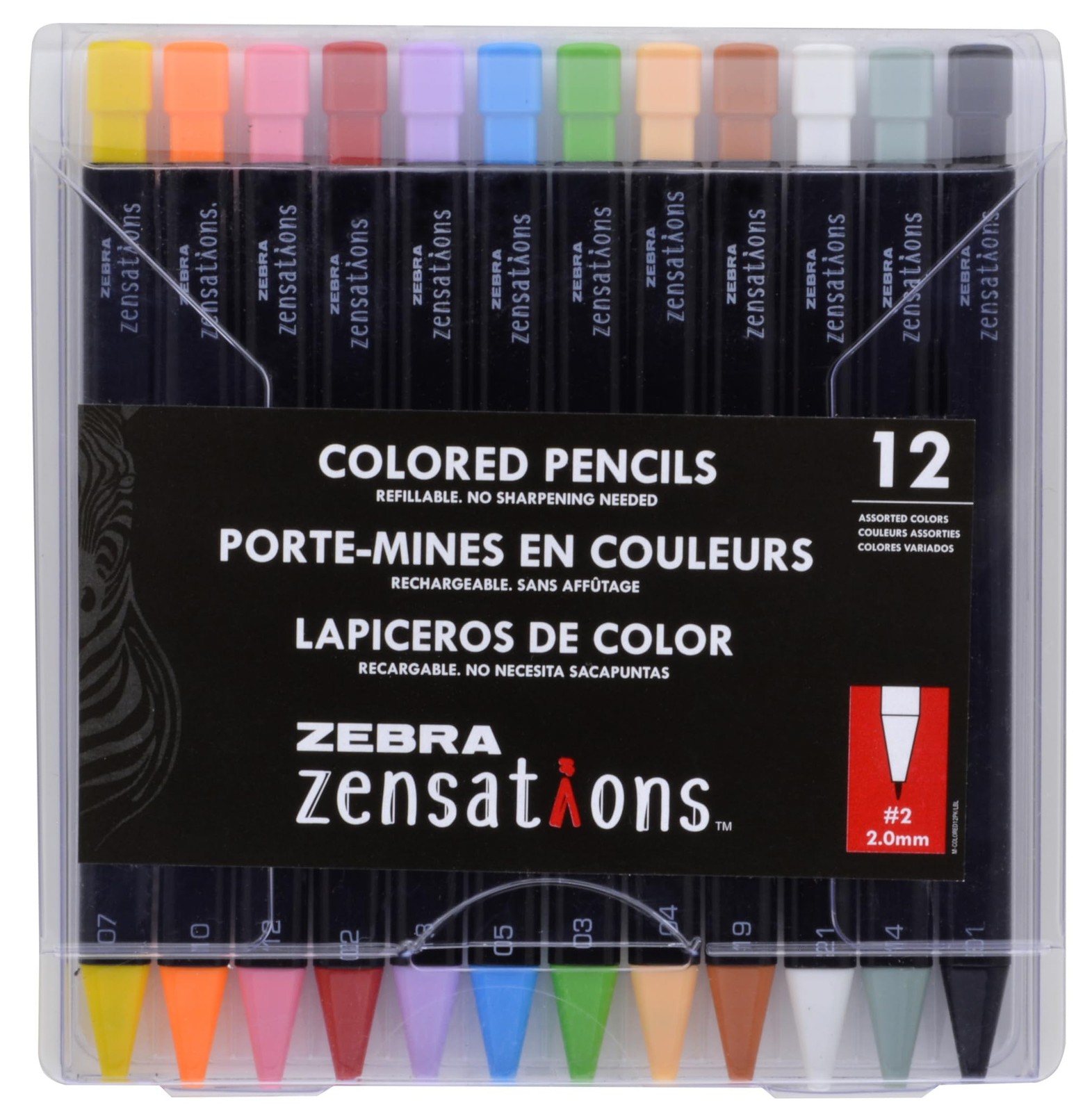 Zebra Zensations Mechanical Colored Pencils, 2.0mm Point, Assorted Lead,12-Count
