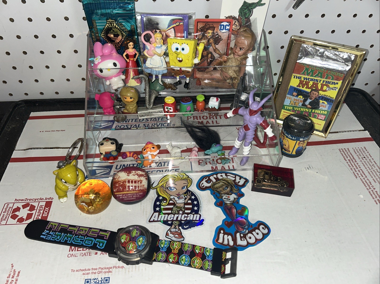 Vintage Toy, Junk Drawer Lot, Old Cards, Pokémon Keychains, Spongebob, Disney