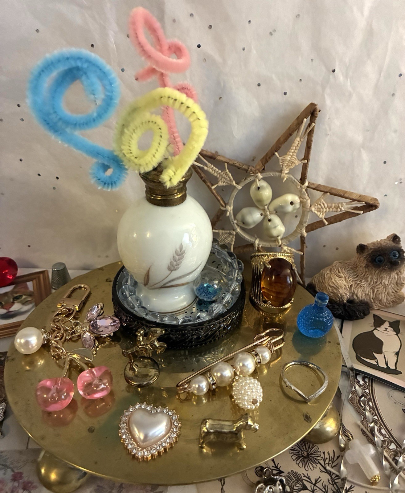 Antique Silver Plate Stand Akro Agate Dish Cat Fig. Jewelry Junk Drawer Art Lot