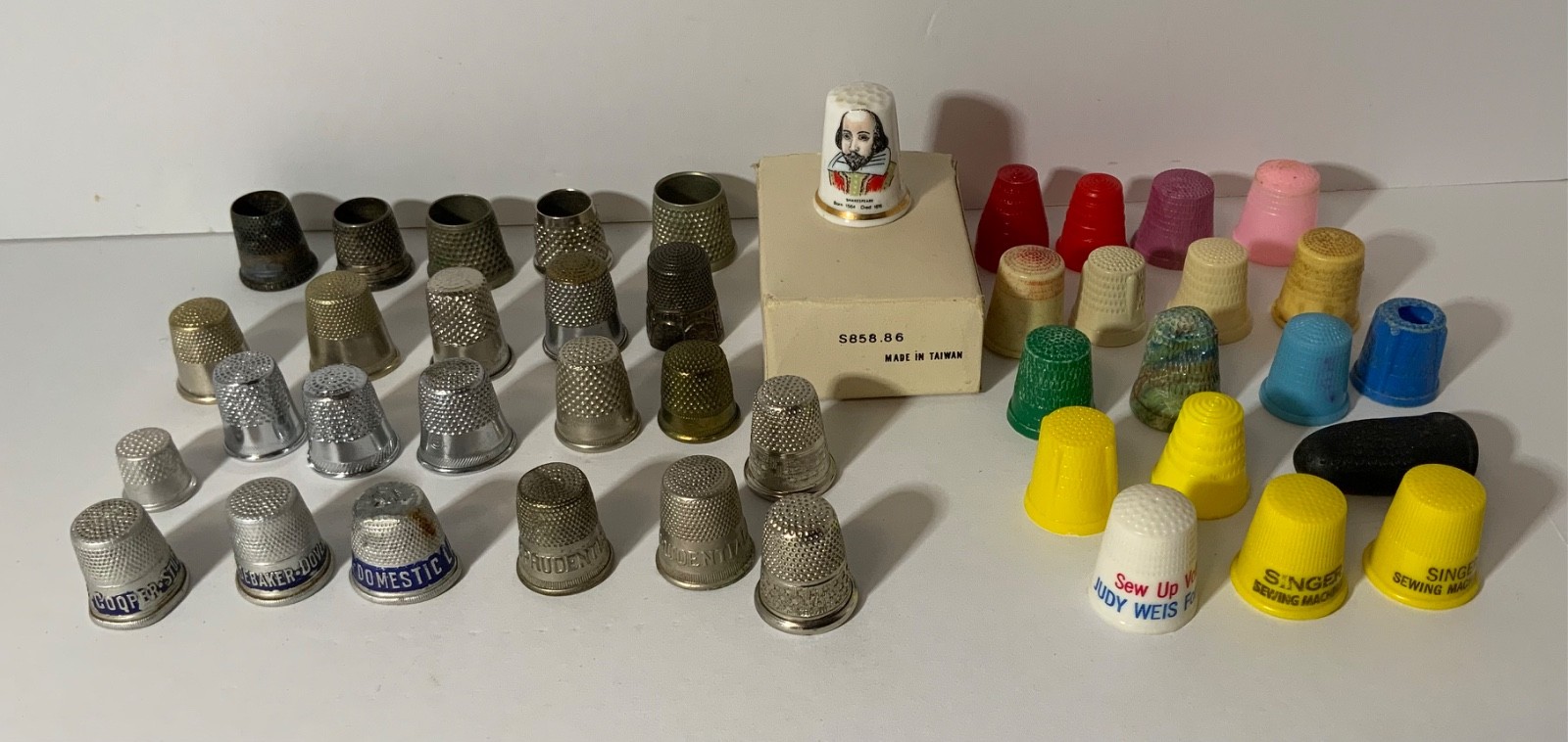 VTG Junk Drawer Assemblage Art Mixed Media Sewing Thimbles Lot (43) Advertising