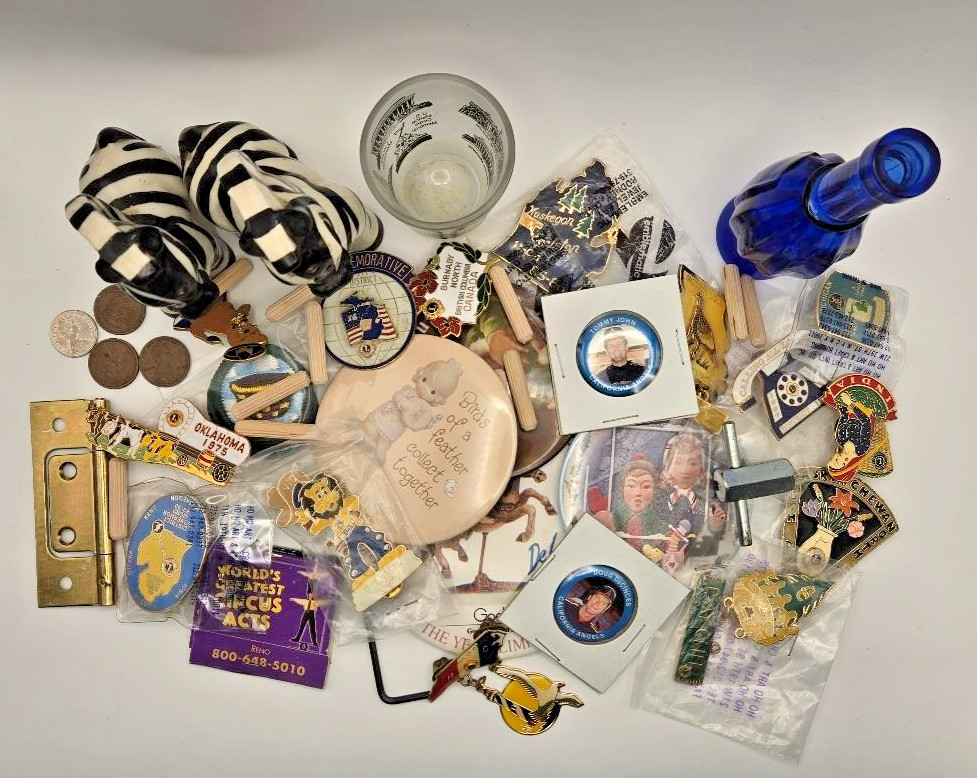 VTG estate junk drawer lot coins salt & pepper shakers cobalt blue lapel pins