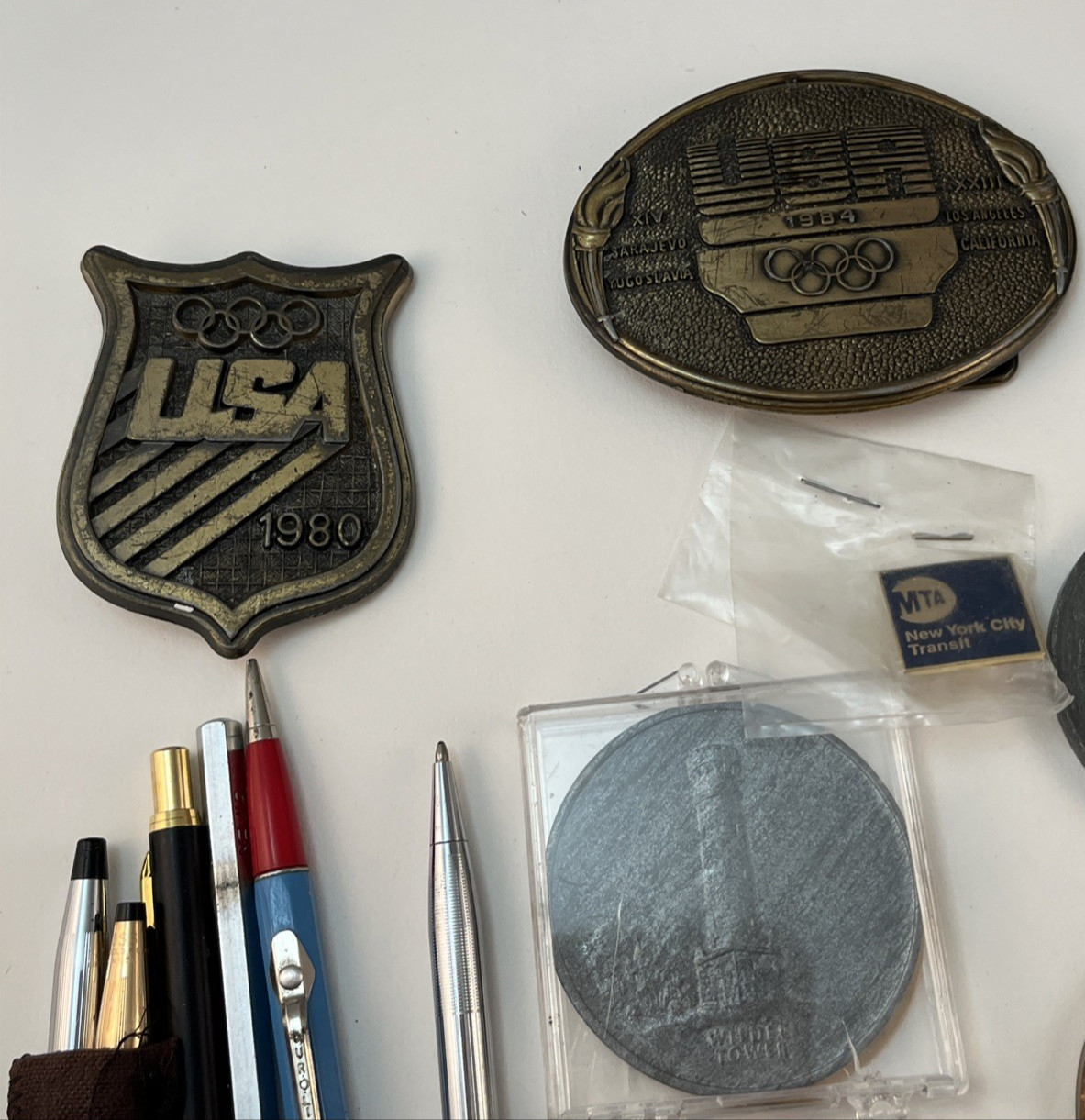 Vintage Tokens Belt Buckles Ink Pens Key Chain Junk Drawer LOT