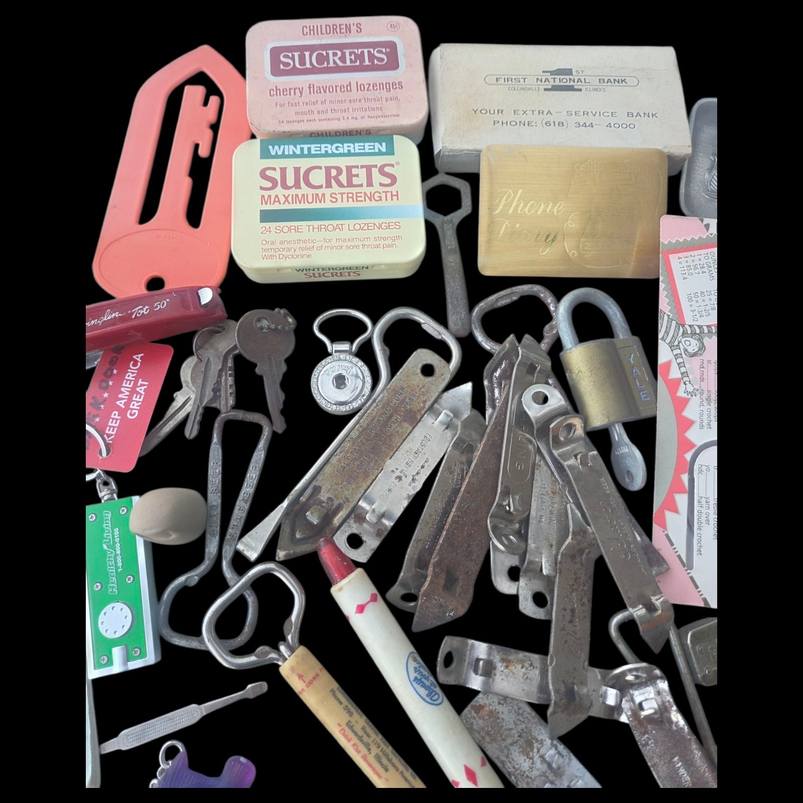 Vtg Junk Drawer Grandpas Desk Lot of Advertising Rulers Bottle Openers Keychains