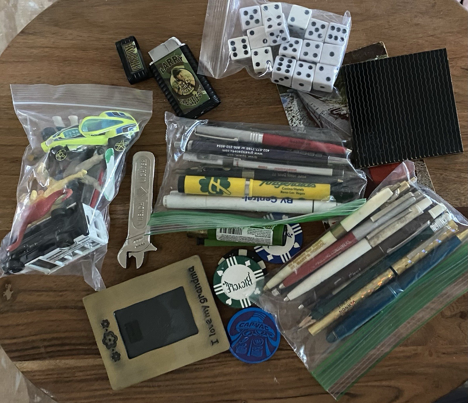 Vintage Estate JUNK DRAWER Lot Advertising Pens Lighters Toys Dice