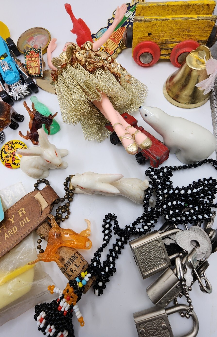 Vintage Antique Junk Drawer Lot Toys Keychain Pin Figurines Mixed Materials