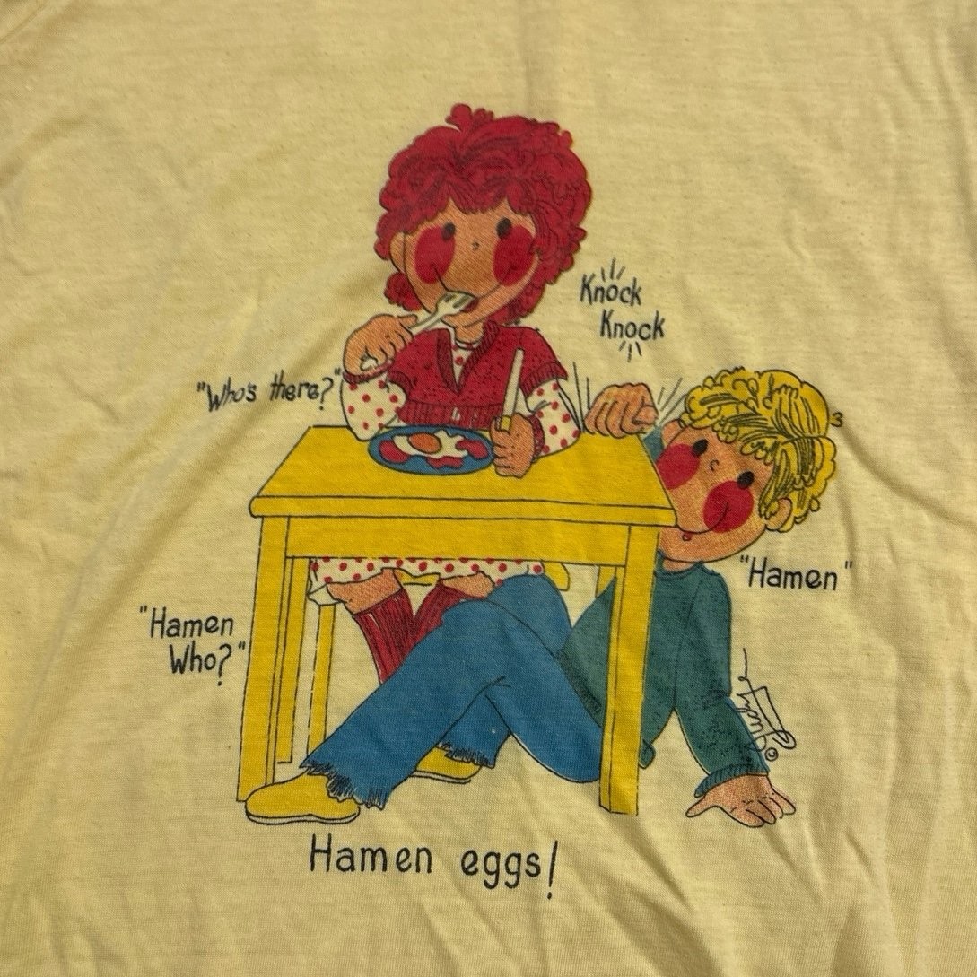Vintage 1980s Kids Nightgown Knock-Knock Joke Graphic Yellow Puffed Sleeves