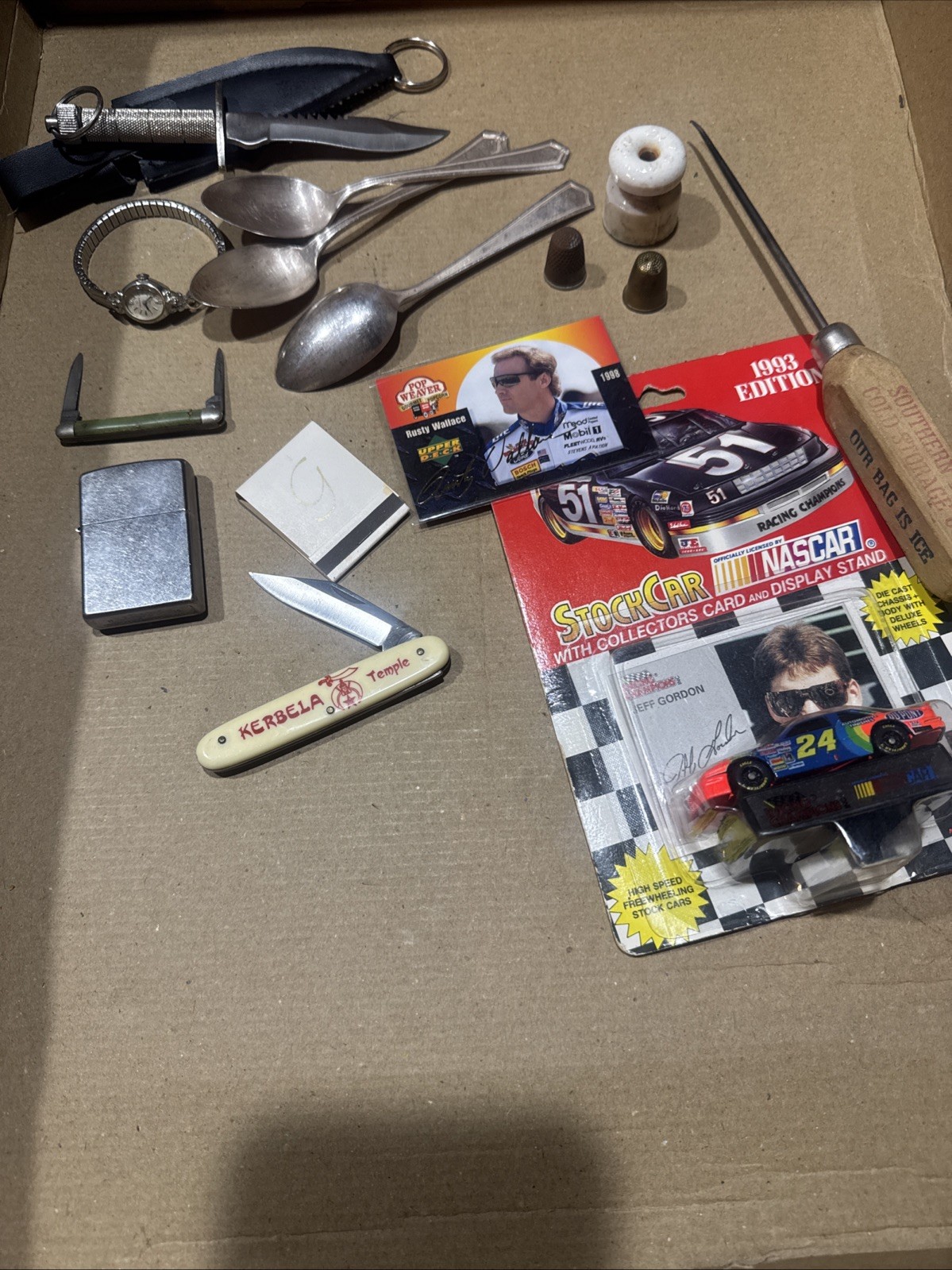 Nice Vintage Junk Drawer Knives, Watch, 1881 Roger’s Dated 1920, NASCAR, Zippo
