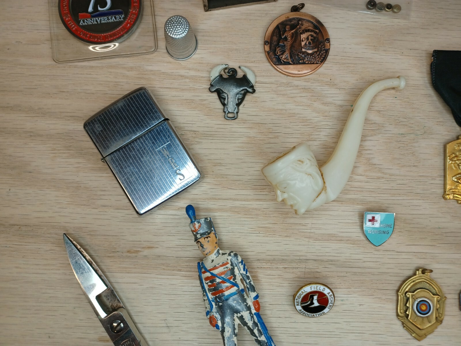 Vintage Junk Drawer Lot Toys Awards Scissors Zippo Pipe