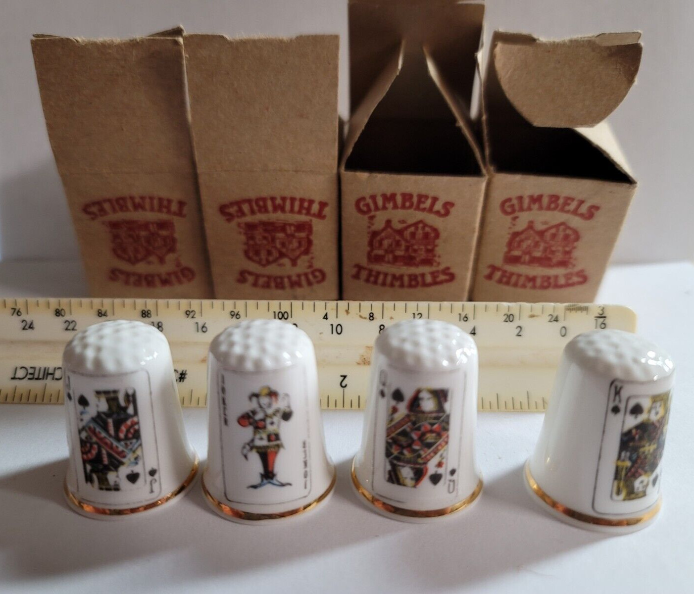 NEW SET OF 4 KING QUEEN JACK JOKER SPADES GIMBELS THIMBLES FINE BONE CHINA UK