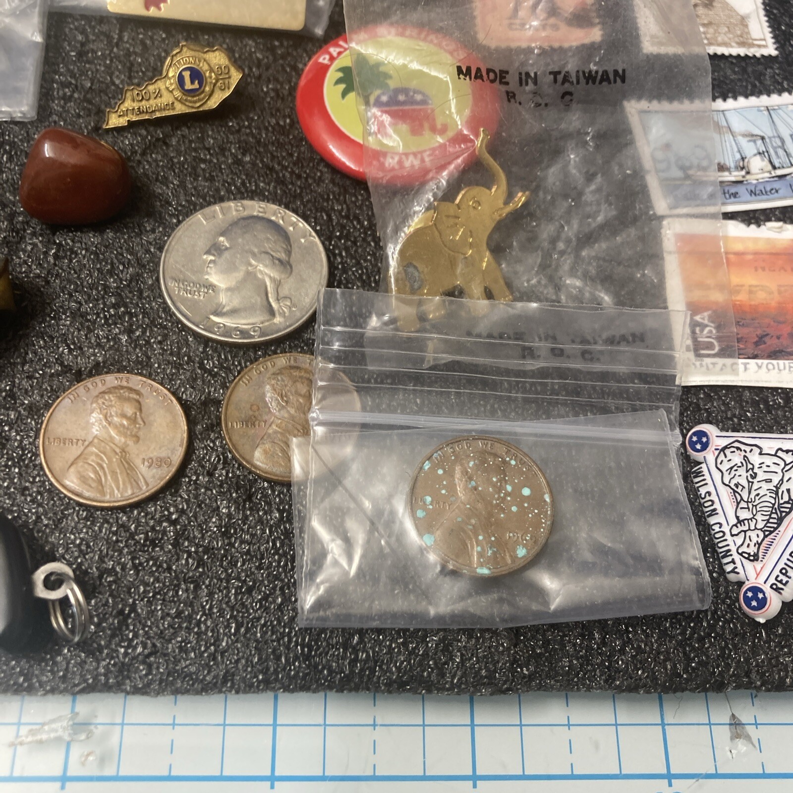 USED Mixed Vintage Tin Lot w/US Coins/US Stamps/Pins/Knife/Patch etc. NICE! LOOK