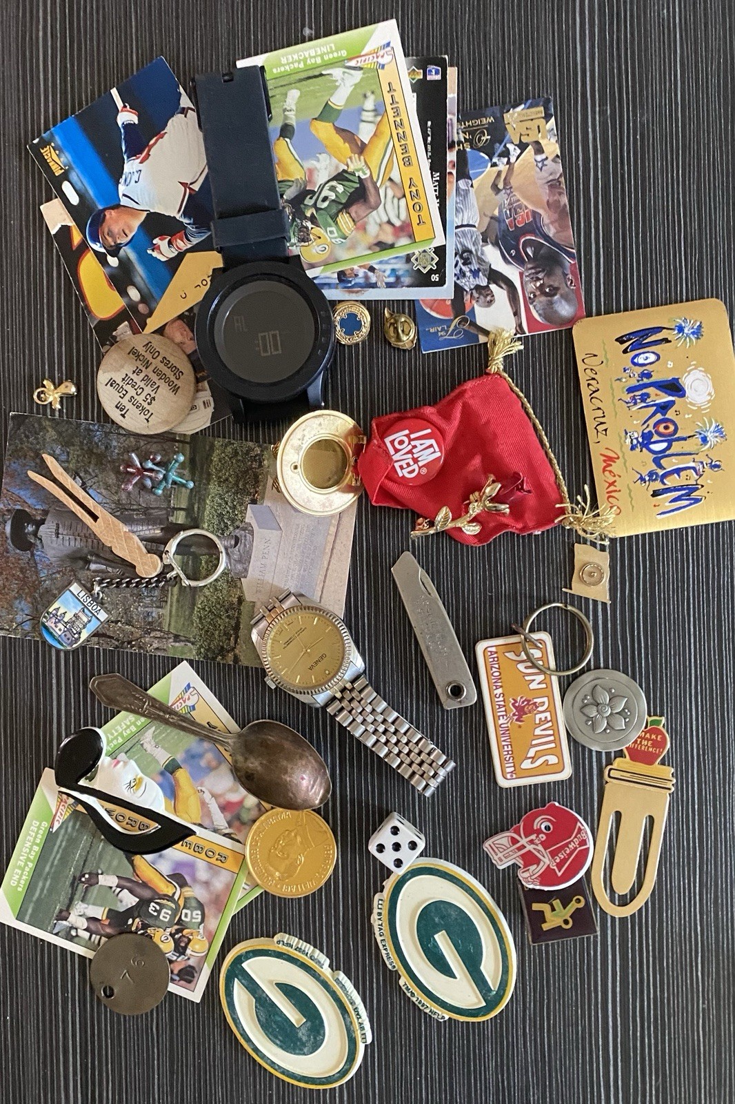 Vintage Estate JUNK DRAWER Lot Watches Lapel Pins Spoon Magnets Baseball Cards