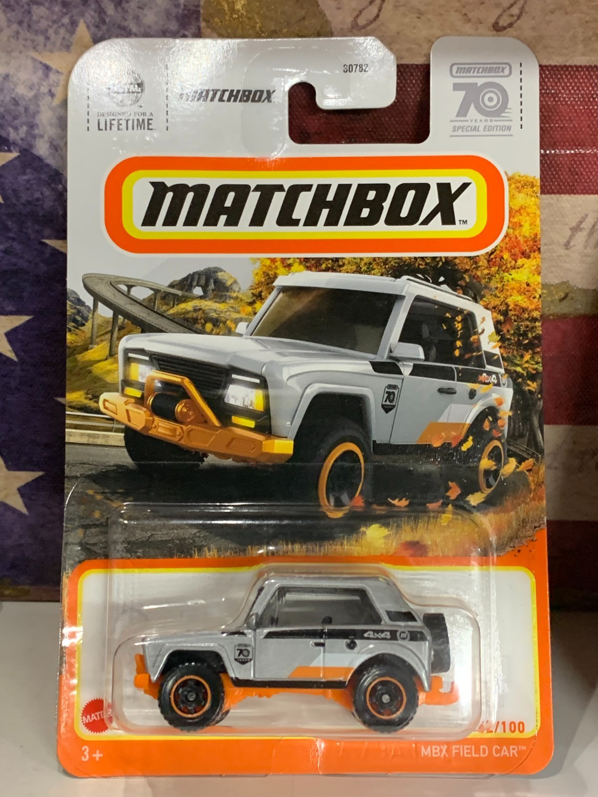 MATCHBOX MBX FIELD CAR SILVER /ORANGE MB 70 YEARS ON CARD NICE