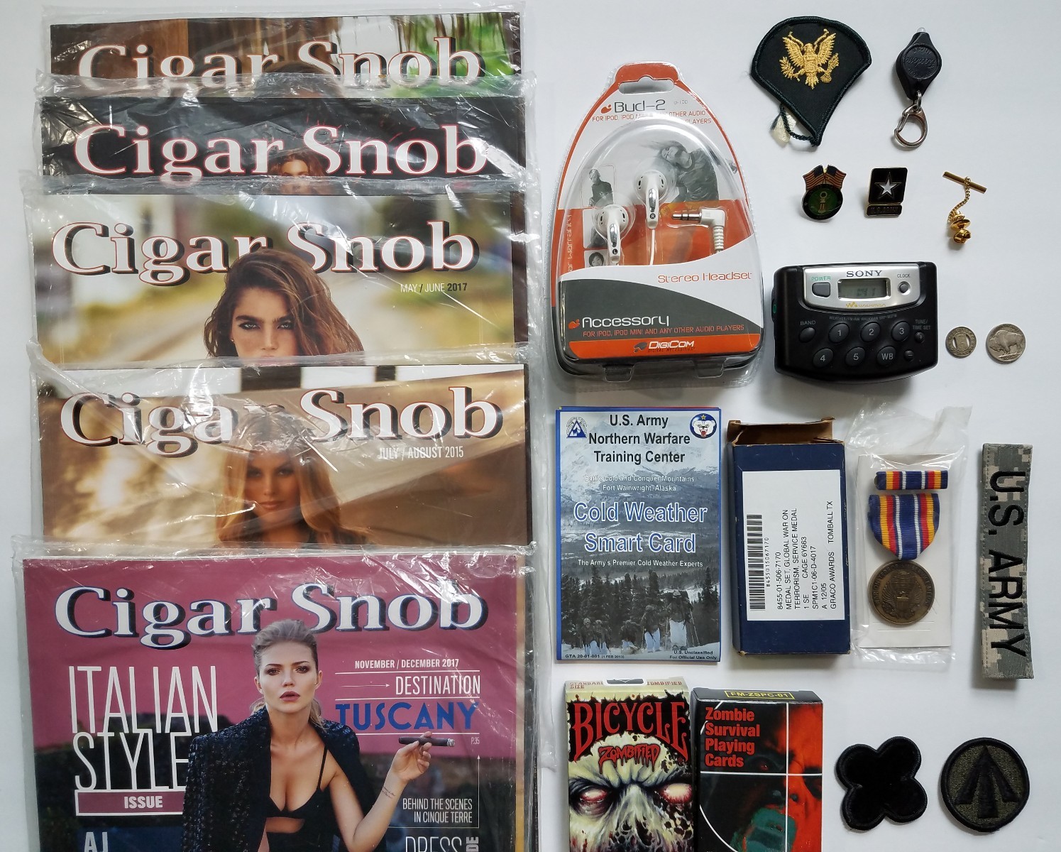 Junk Drawer Lot Army Patches Sony Radio Pins Cards Coins Military Medal Magazine
