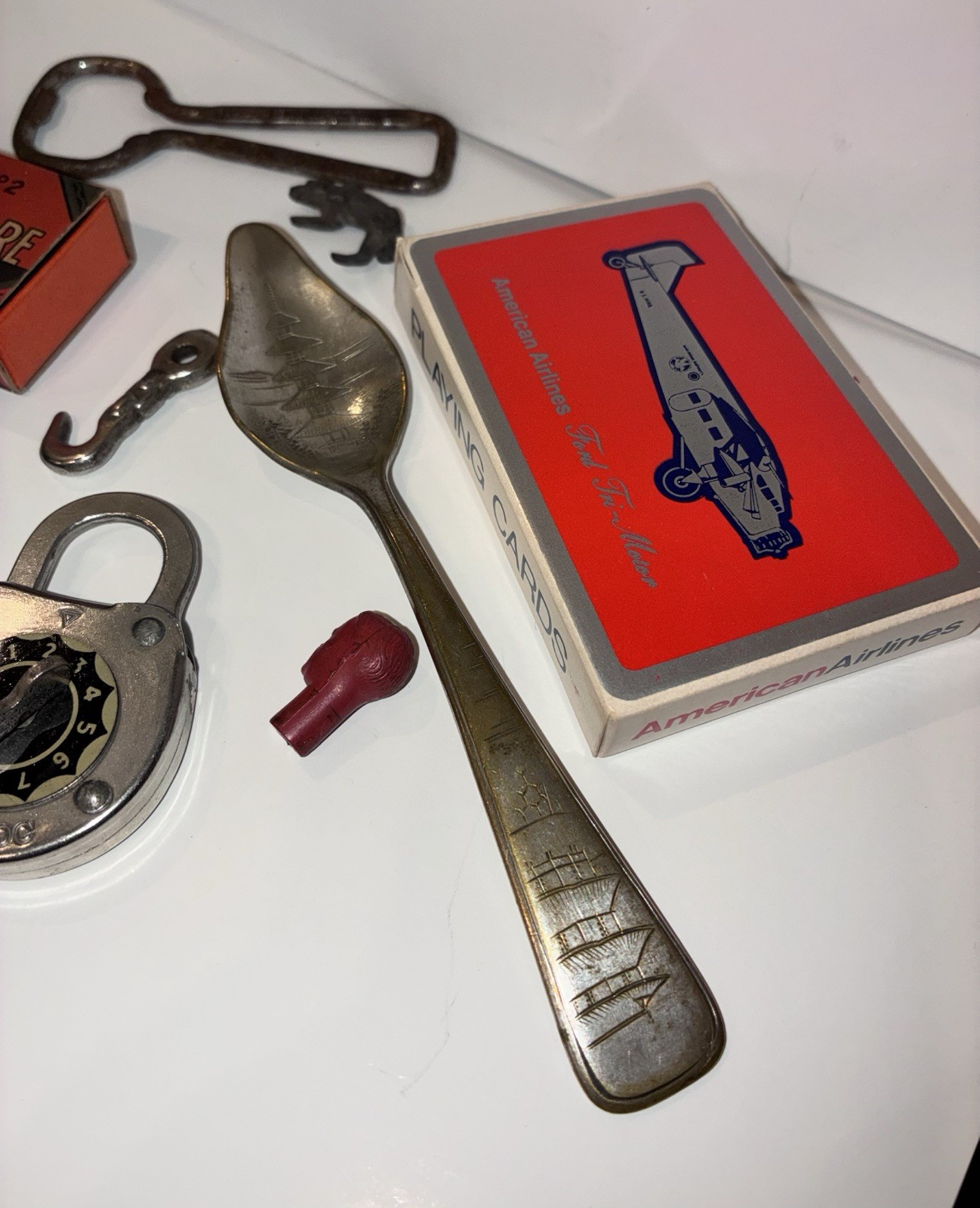 Vintage Mixed Grab Bag Junk Drawer Lot.. Can Opener, Cards, Spoon, Lock..etc