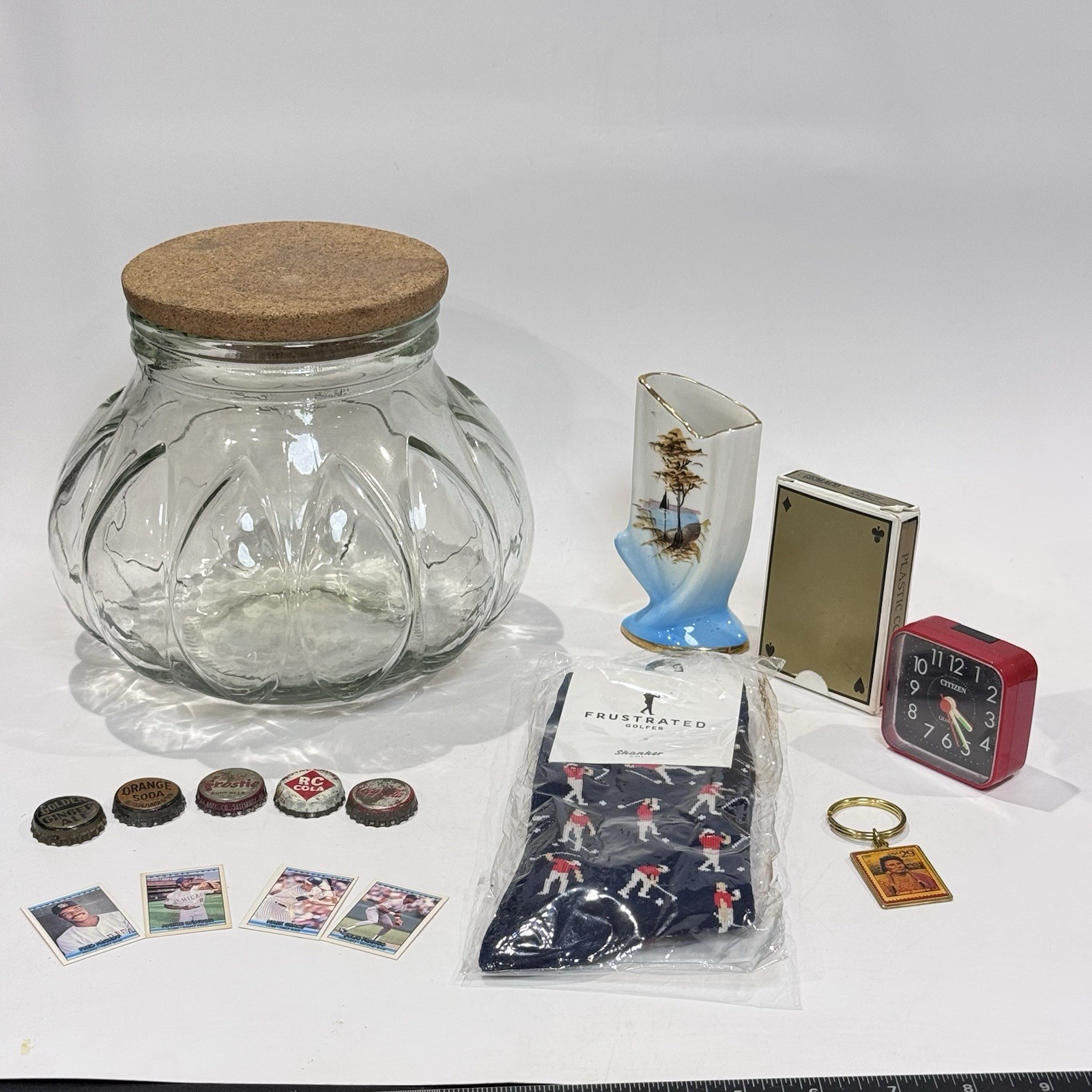Vintage Curated Lot in Glass Jar w Cork Lid Cards Cracker Jack Bottle Caps Socks