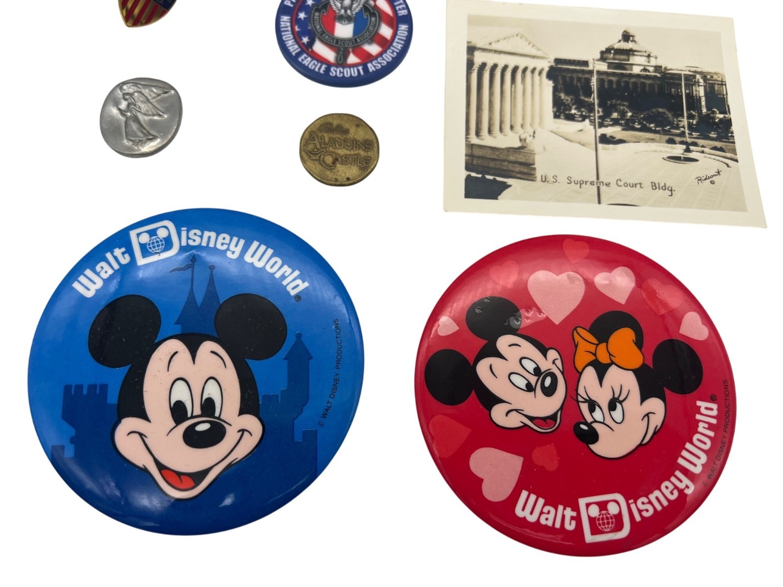 Vintage Junk Drawer Ephemera Lot Cabinet Card Postcard Disney BSA Pins Tokens