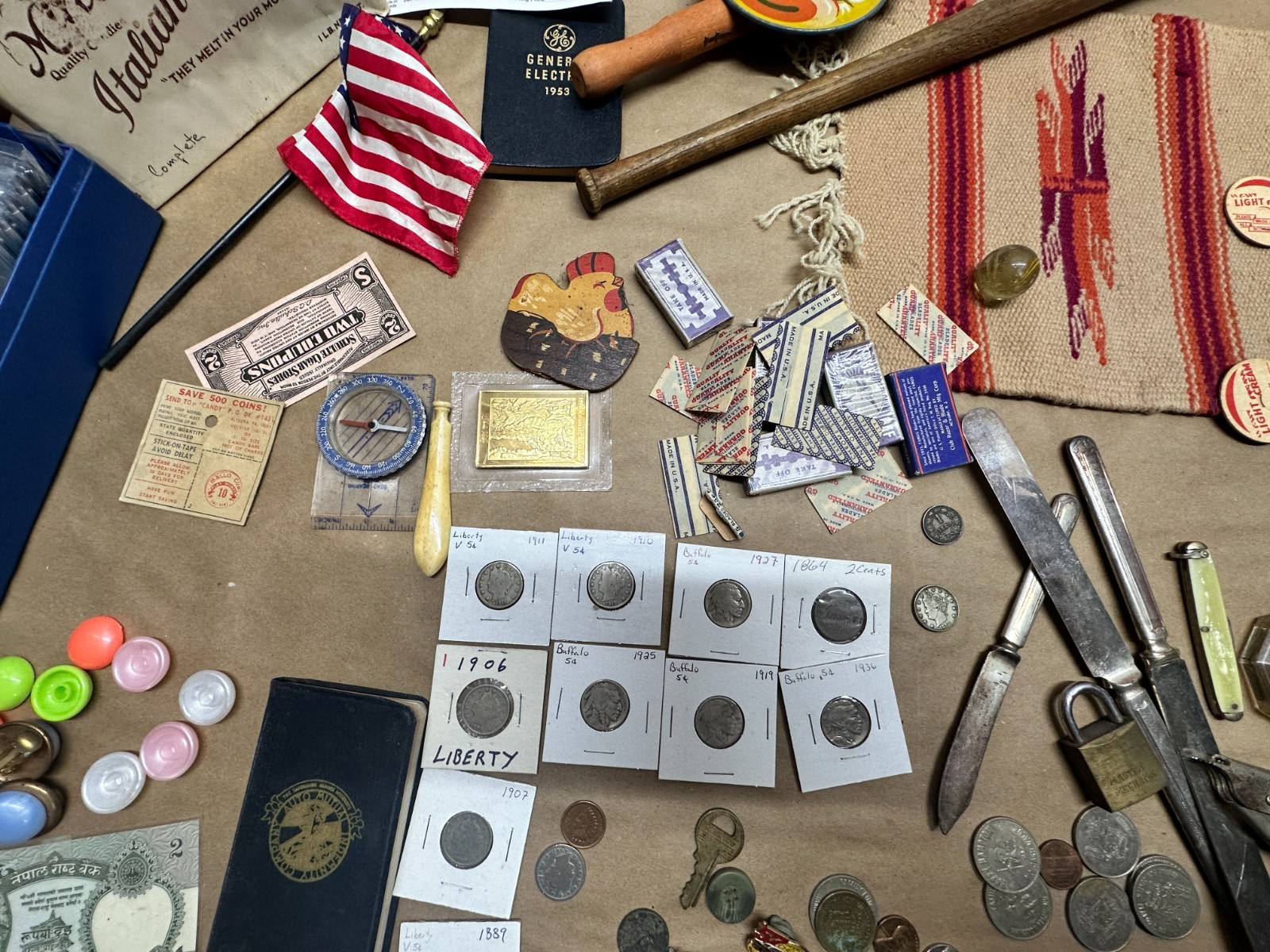 Junk Drawer Lot #5 – Random Antique Vintage Smalls – Coins Cards Jewelry Money