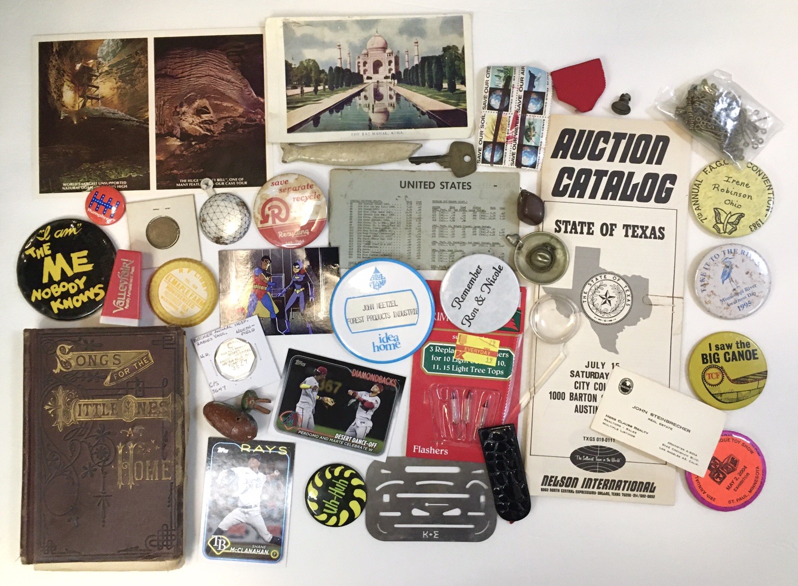 Vintage Junk Drawer Lot Ephemera Pinback Buttons Texas Auction Catalog Songbook