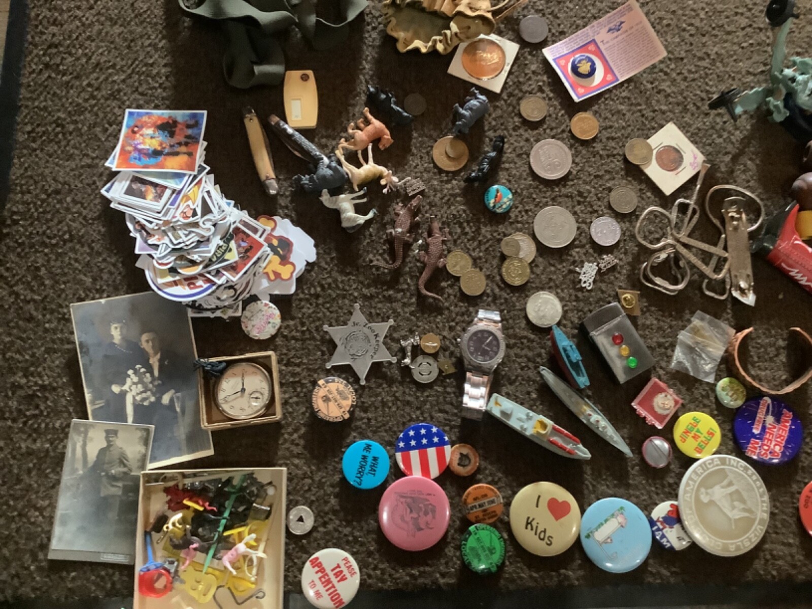 Vintage 0s junk drawer dime toys silver coin pins coins zippo knifes jewelry etc
