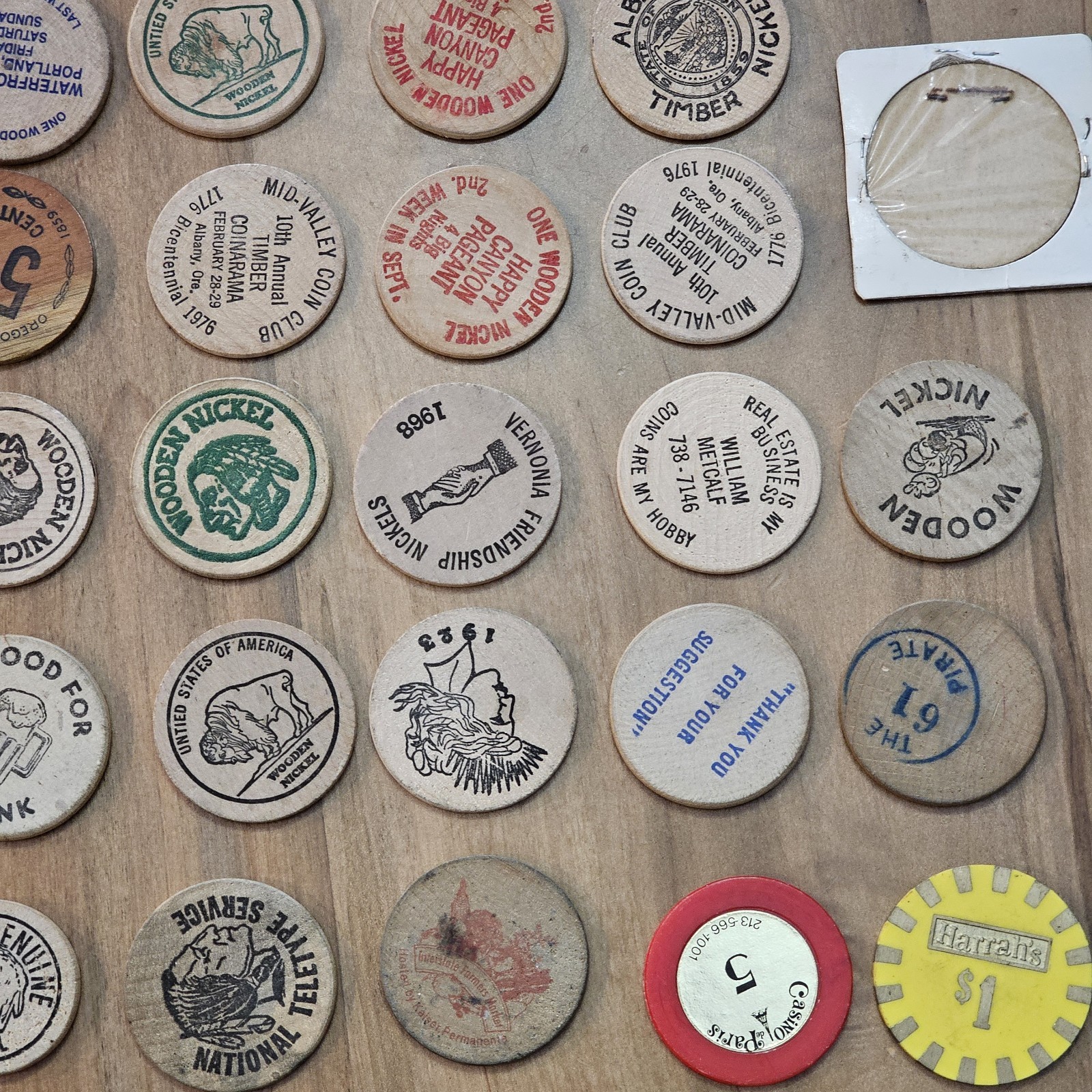 Junk Drawer Lot- Wooden Nickels, Casino Chips, Milk Cap -Washington, Oregon, Ect