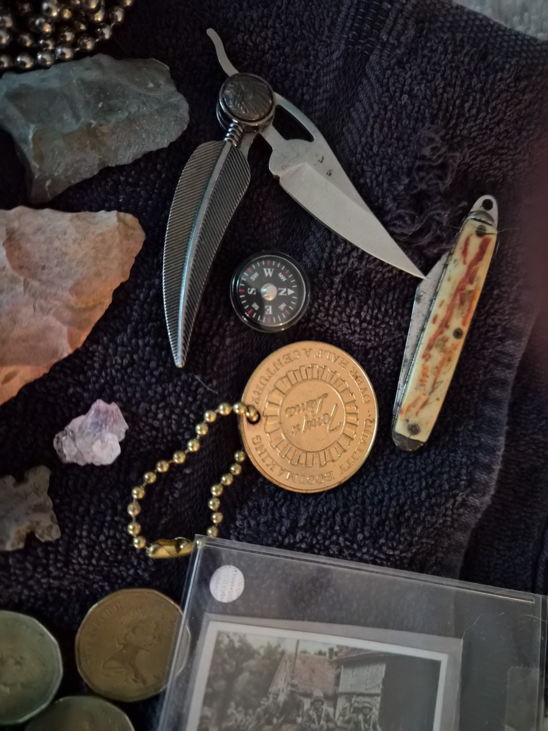 Vintage Junk Drawer – Coins, Arrowheads, Fossils, Knives Compass, & Collectibles