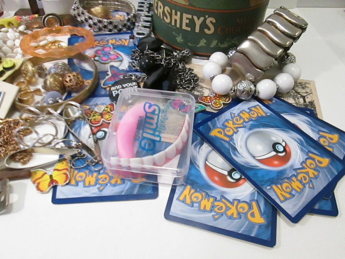 Vintage to Now Junk Drawer Lot Jewelry Pokemon Japan Tin Canister Pins etc