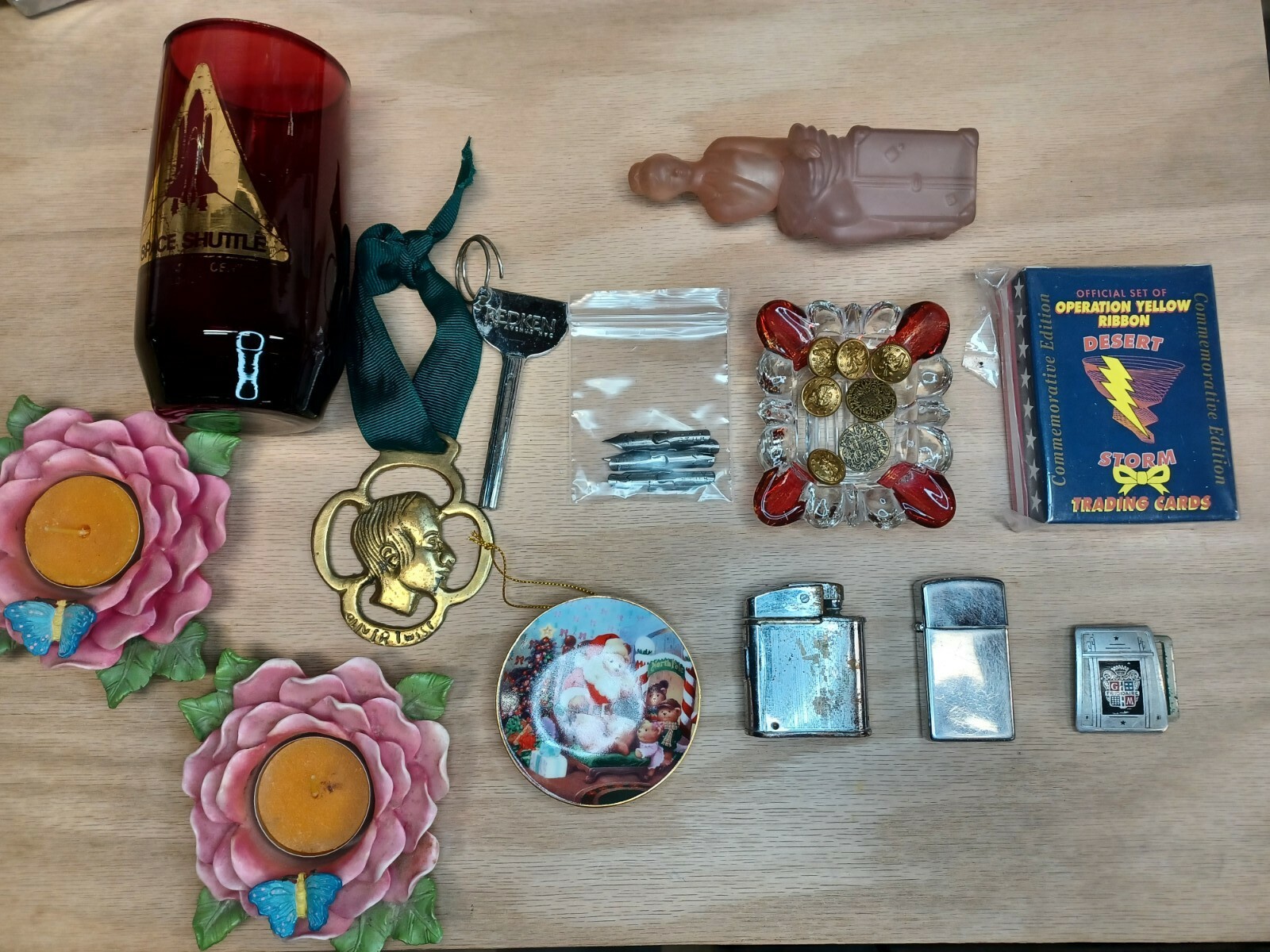 Vintage Junk Drawer Lot Military Buttons Zippo Space Shuttle Cup Lot