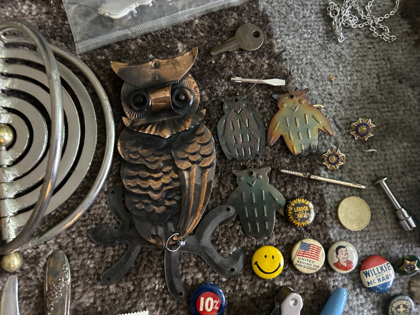 Gramps vintage Junk Drawer Lot Religious JFK Button Owl Humidity Flatware Paper