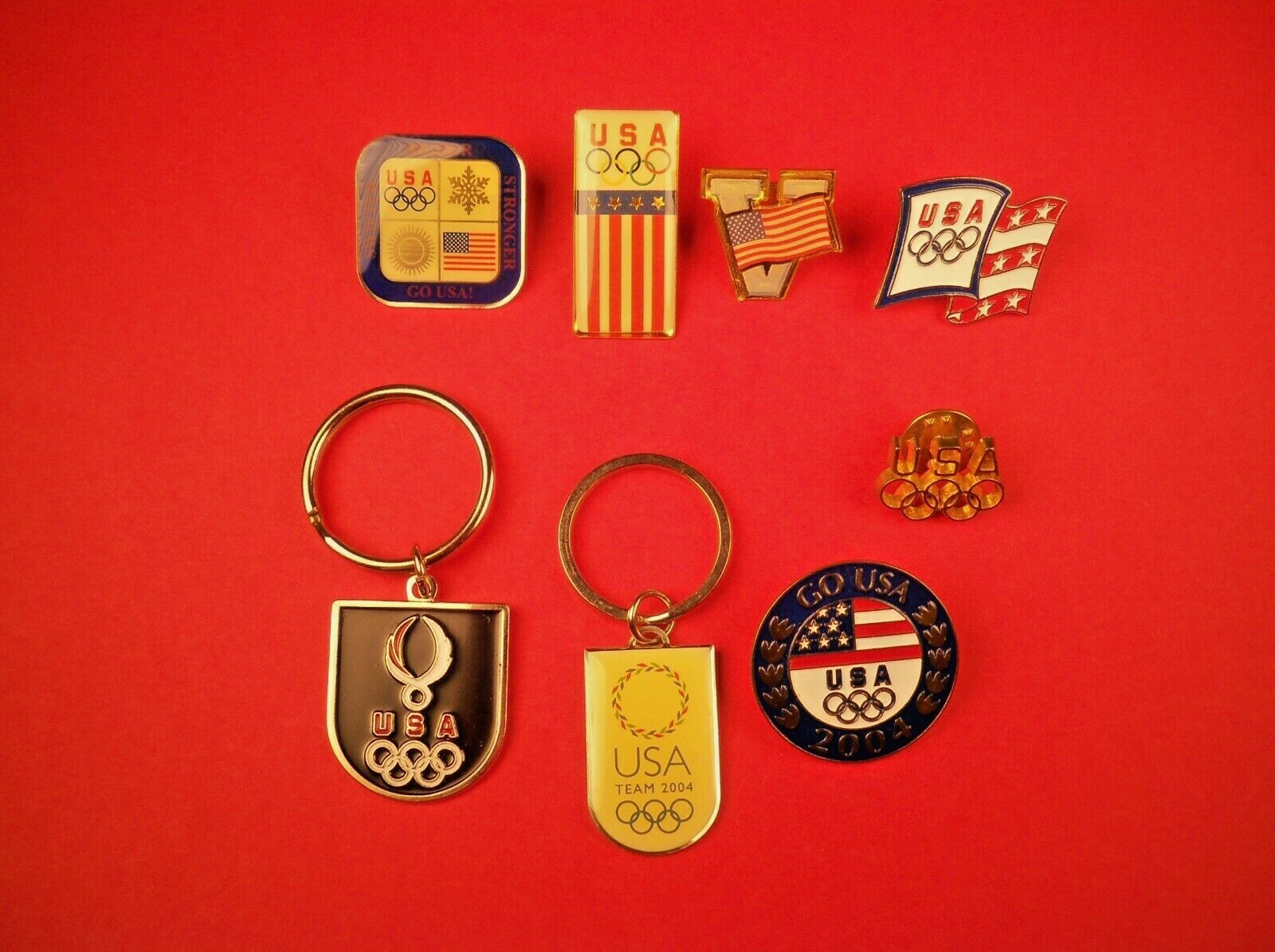 USA 2004 US Olympics Lapel/Hat Pins (6) / Key Chains (2), Lot of 8