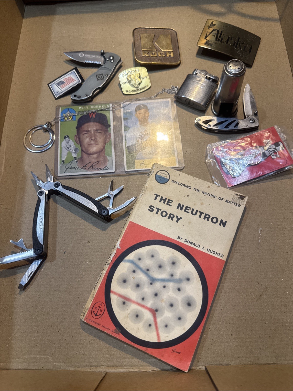 Vintage Junk Drawer Knives, Silver 925, 40-50s Ball Cards Autos, Book 50s Buckle