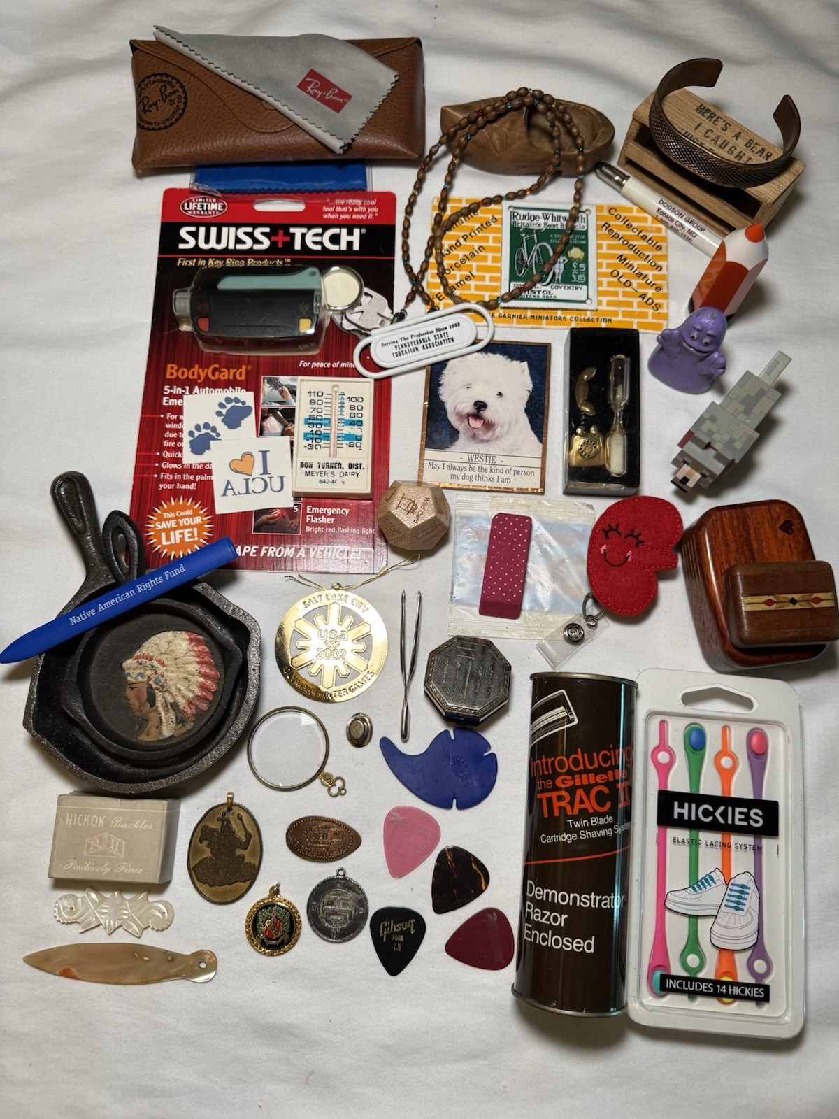 Vintage to Now Junk Drawer Lot Trinkets Treasure Ray Ban Case Sterling Top Hat