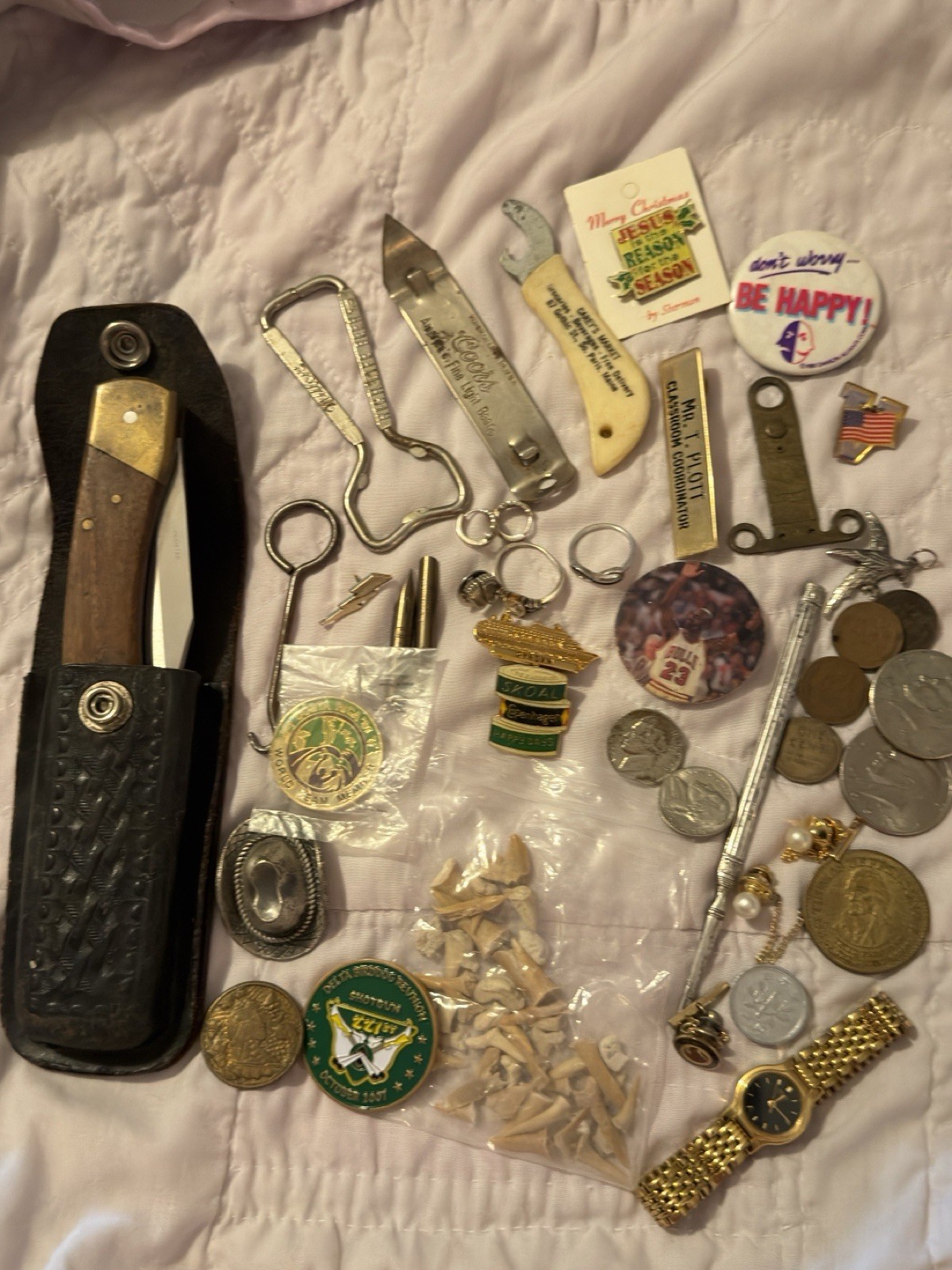 VTG Collectibles Lot: Coins, Pins, Watch, Knife, Shark teeth, junk drawer +++