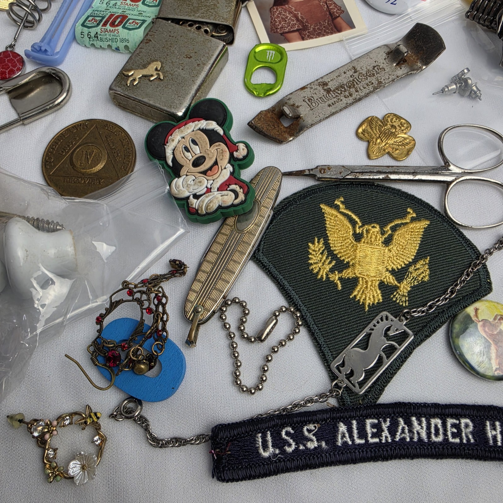 Junk Drawer Lot Toys Pins Stamps Military Coin Trinket Jewelry Patches Vintage