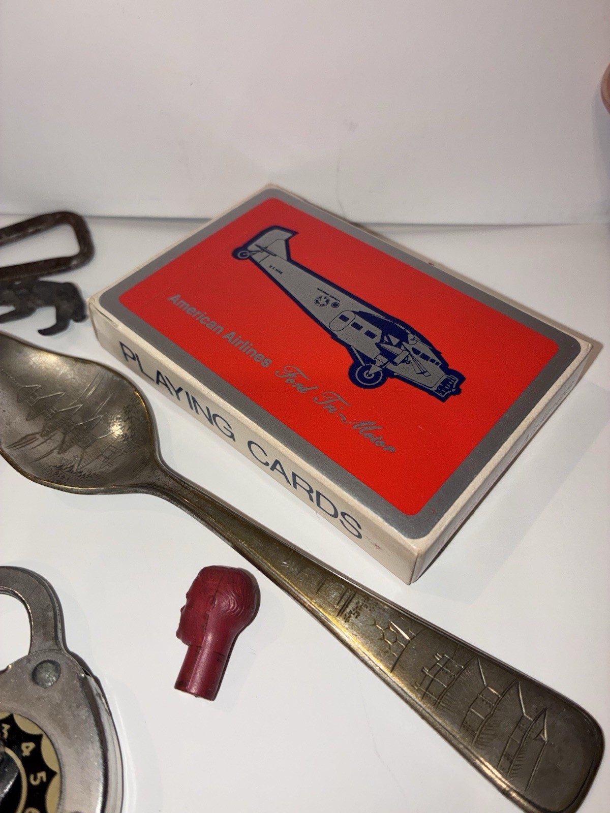 Vintage Mixed Grab Bag Junk Drawer Lot.. Can Opener, Cards, Spoon, Lock..etc