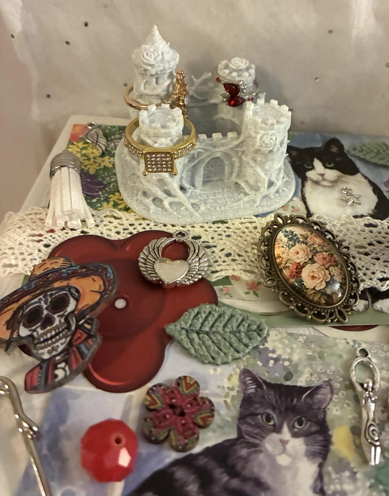 Castle Ring Holder Cat Figurine Pin Cushion Fairycore Junk Drawer Wicca Art Lot