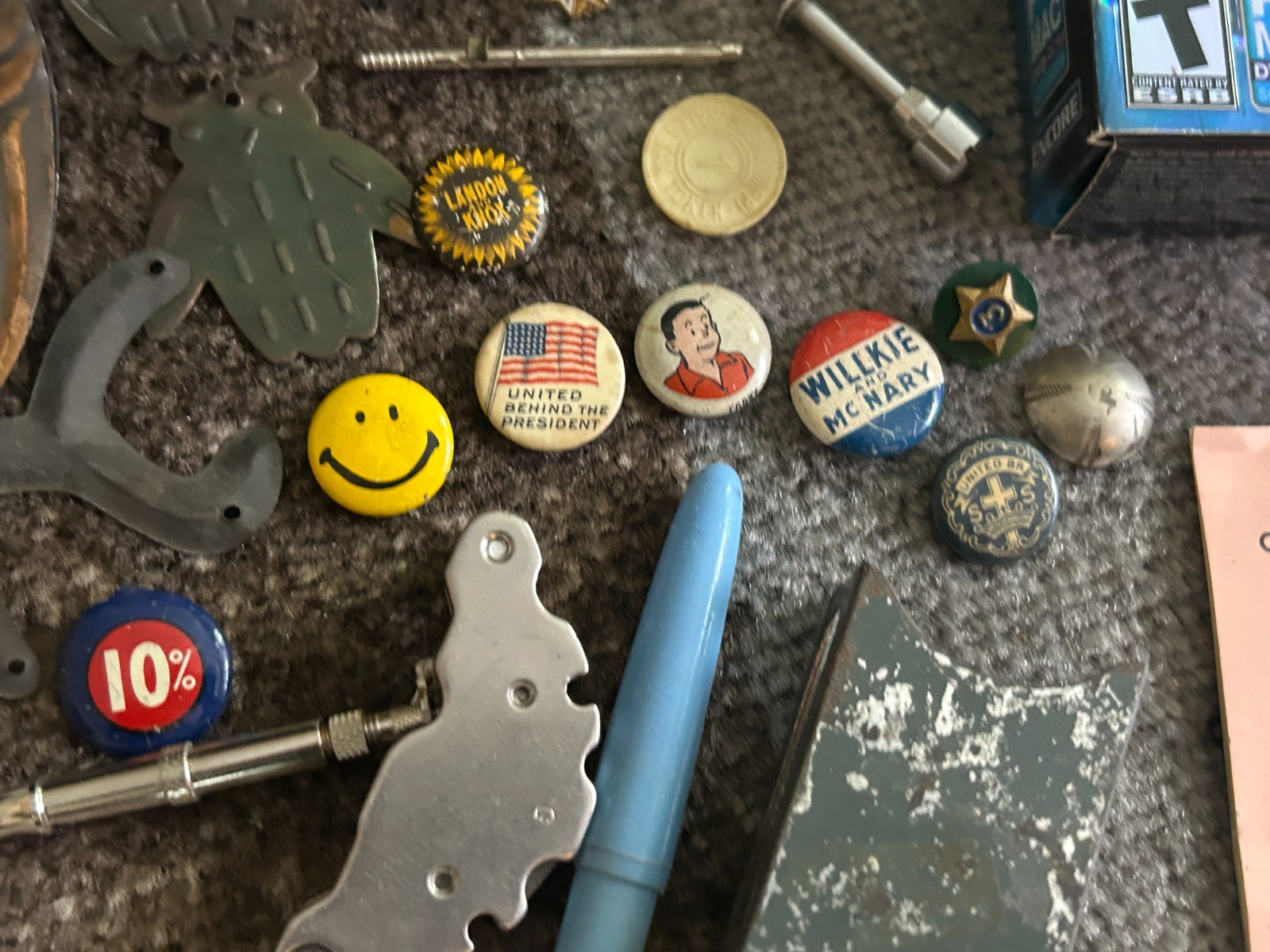 Gramps vintage Junk Drawer Lot Religious JFK Button Owl Humidity Flatware Paper