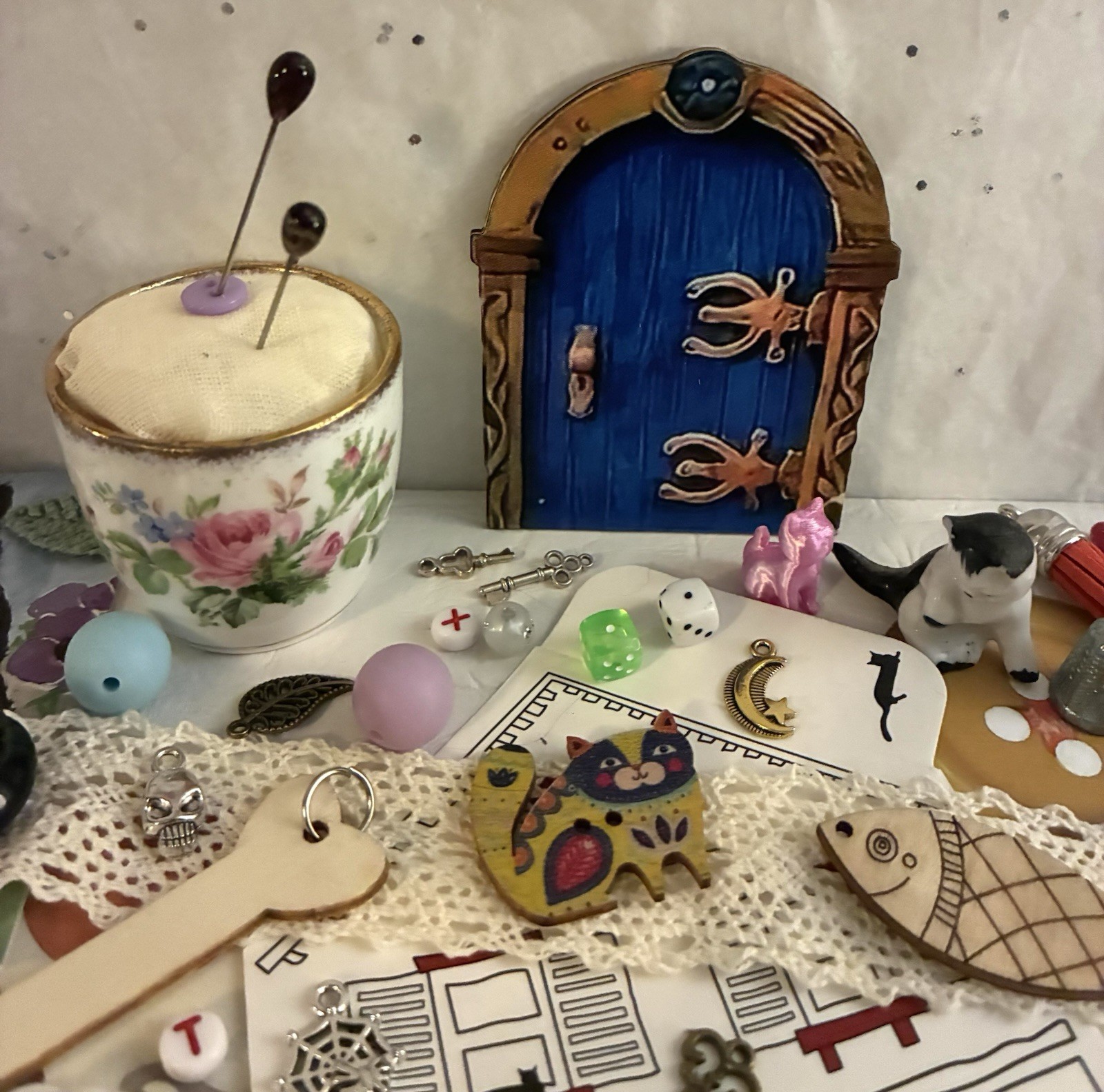 Castle Ring Holder Cat Figurine Pin Cushion Fairycore Junk Drawer Wicca Art Lot