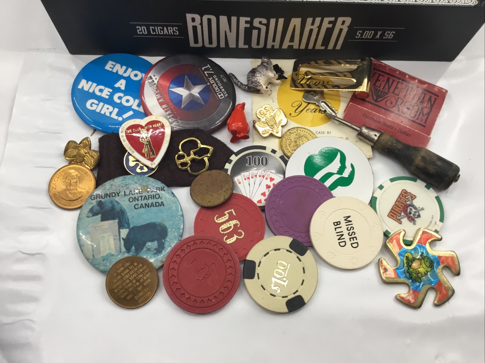 Grandpa’s Estate Junk Drawer Lot Collectibles Vintage Coins Poker Chips Buttons