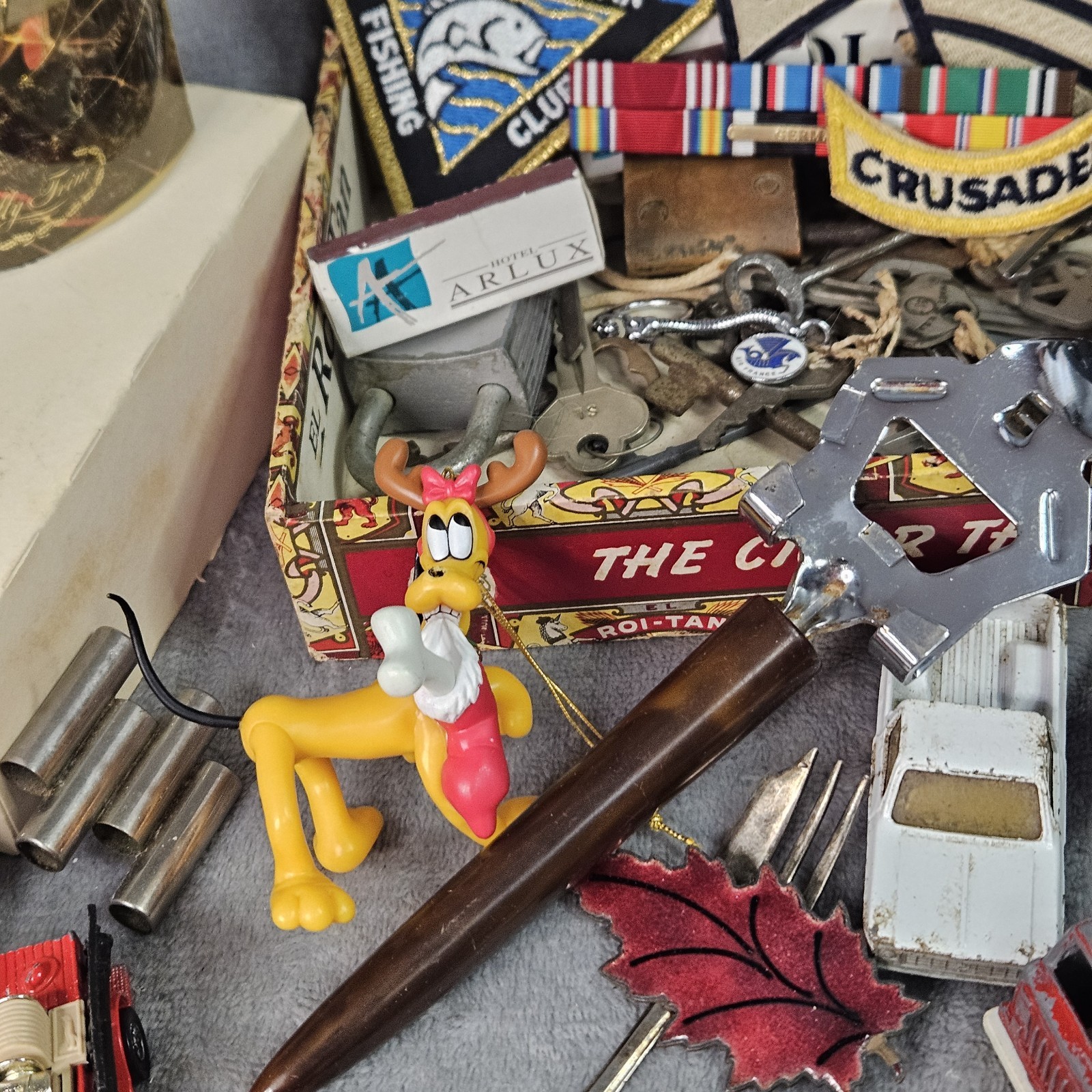 Huge VTG Junk Drawer Lot Skeleton Keys Cigar Box Bakelite Ertl Hammock Cars More